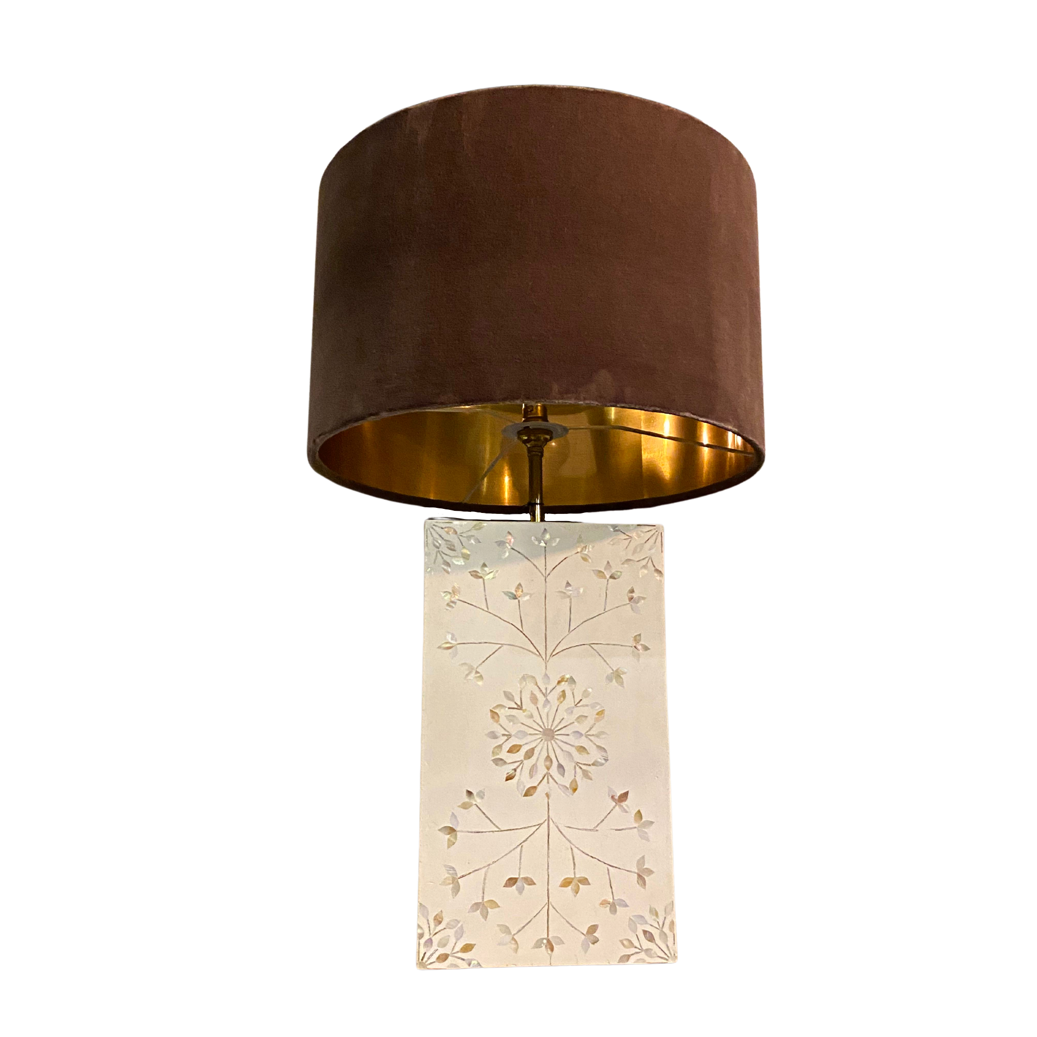 MOTHER OF PEARL HANDCRAFTED TABLE LAMP WITH TAUPE VELVET SHADE