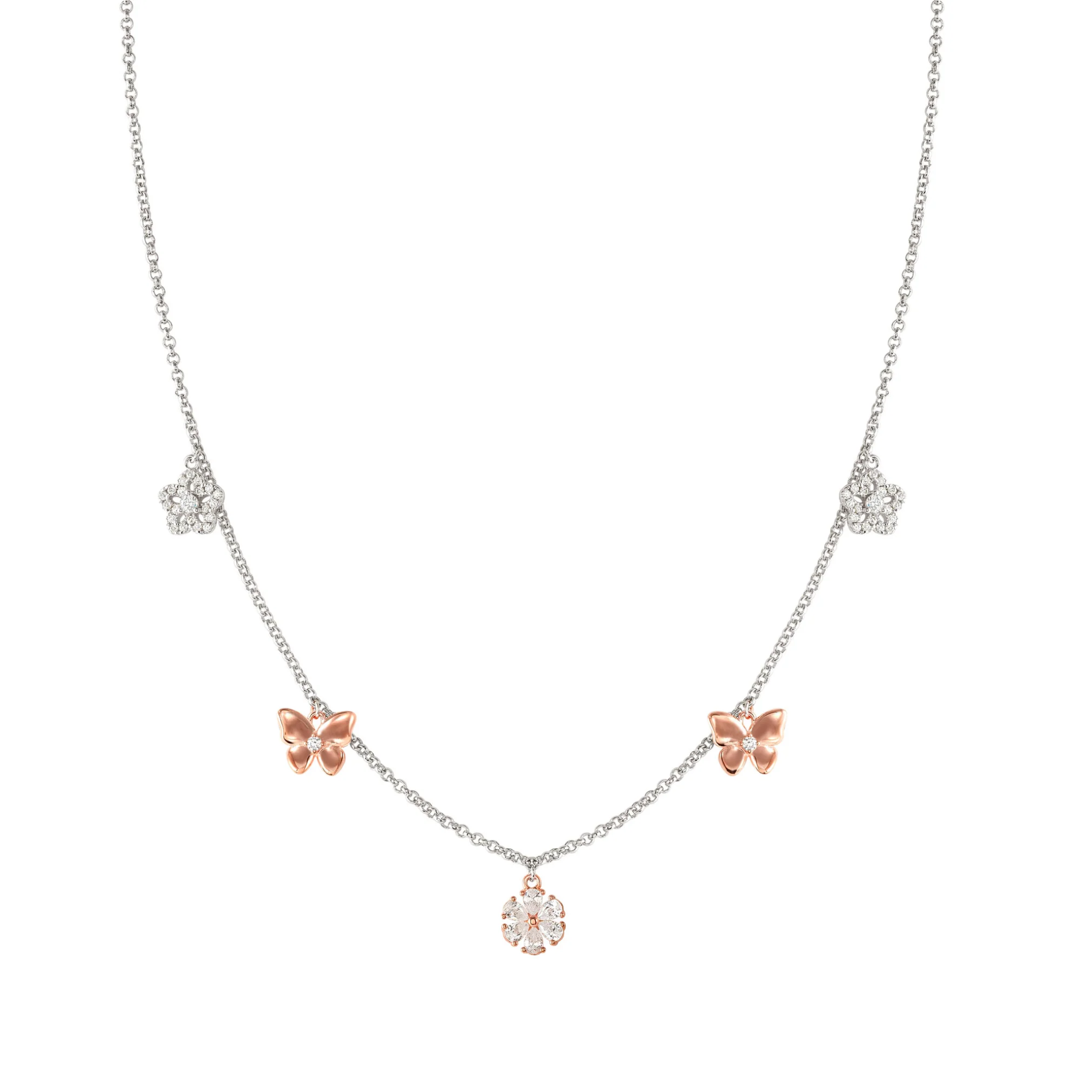 SWEETMADAME SILVER & ROSE GOLD NECKLACE 242011/051 NATURE CZ PENDANTS