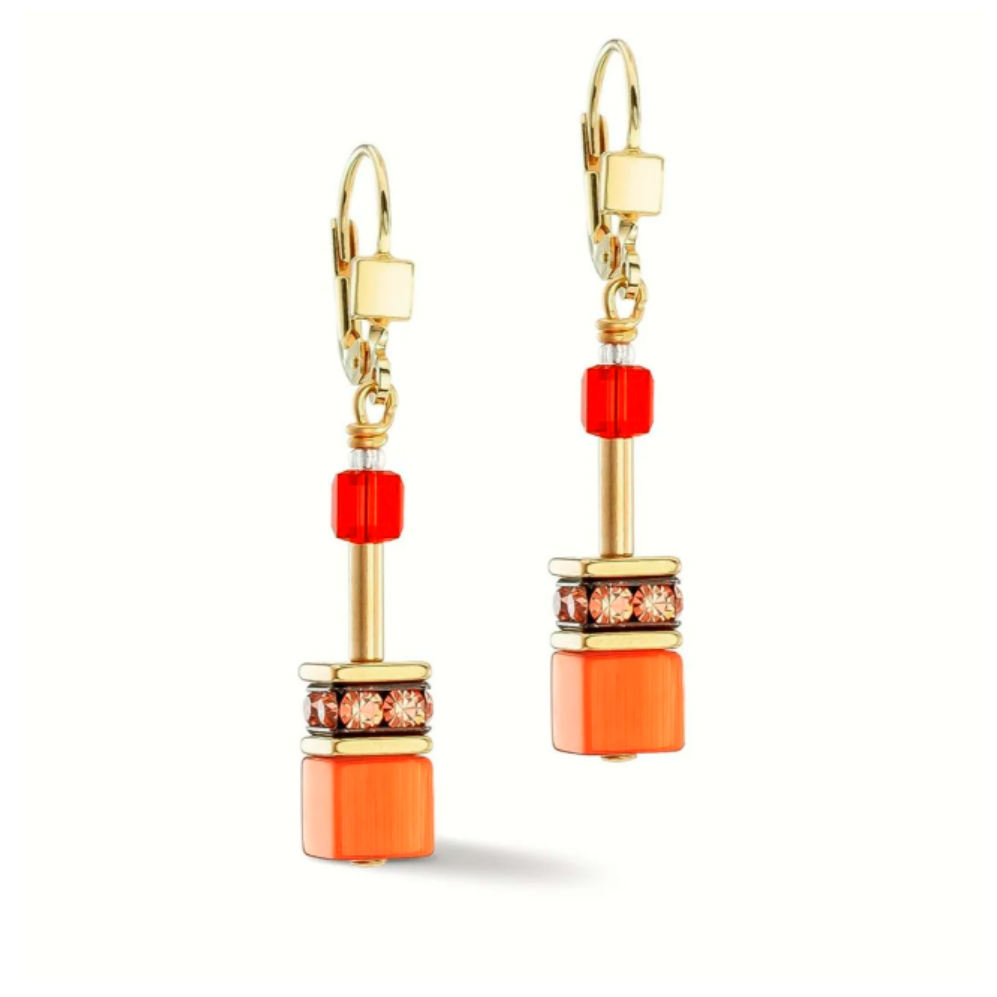 COEUR DE LION GEO CUBE EARRINGS - GOLD & ORANGE/RED