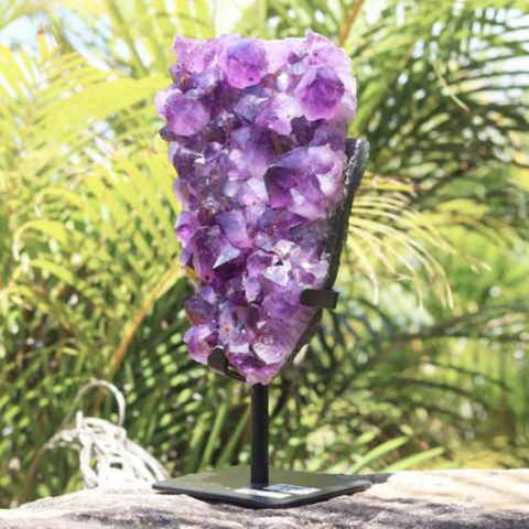 NATURAL AMETHYST GEODE SCULPTURE ON IRON STAND