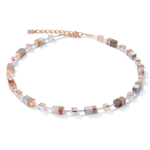 COEUR DE LION GEO CUBE NECKLACE - BOTSWANA AGATE & BLUSH CHAMPAGNE STAINLESS STEEL