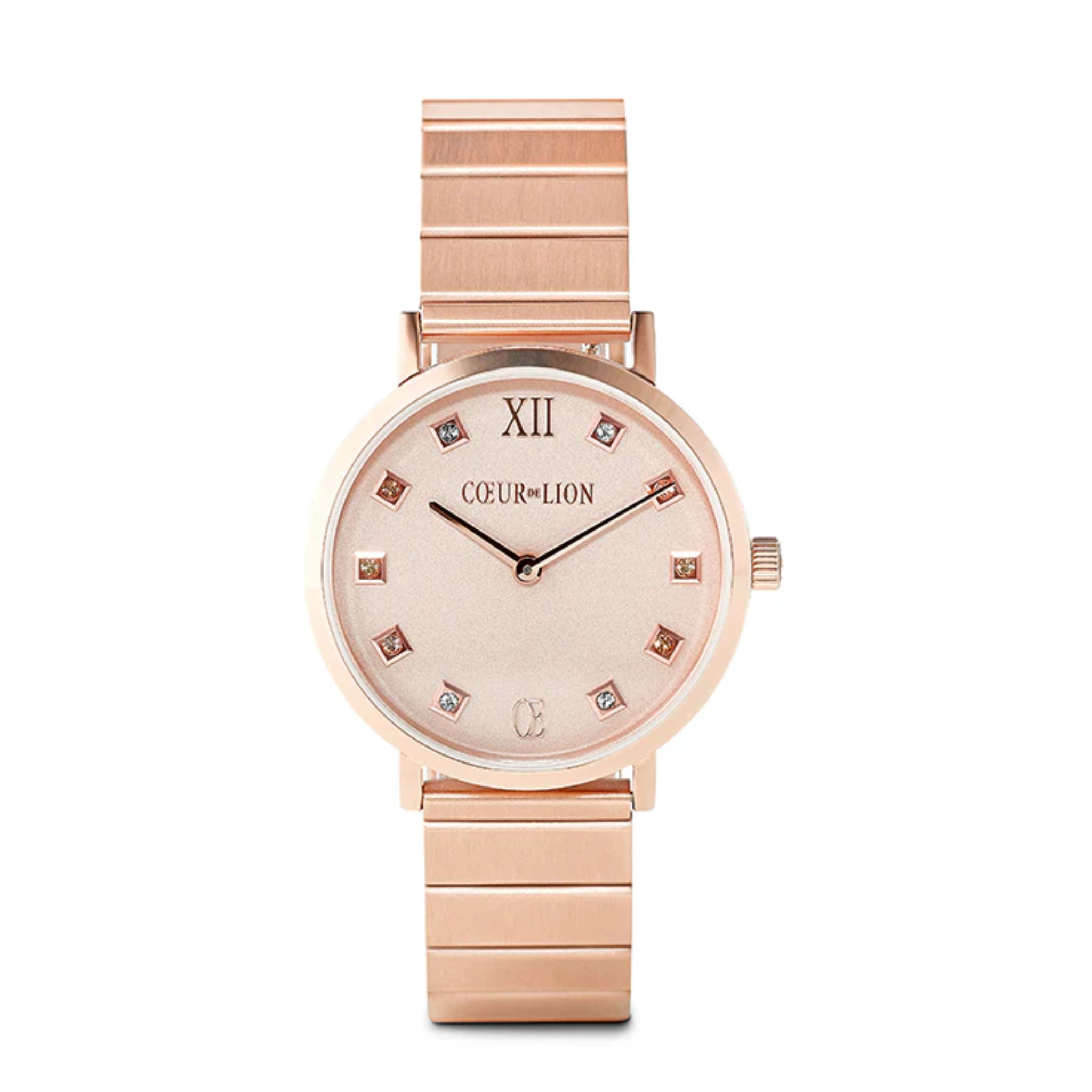 COEUR DE LION ROSE GOLD PLATED STAINLESS STEEL EUROPEAN CRYSTAL CUBE WATCH & LINK BAND 7611/72-1640