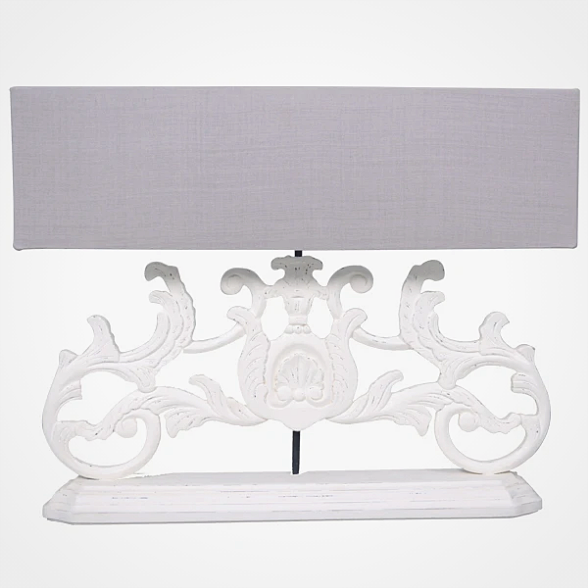 HAND CARVED TABLE LAMP WITH GREY RECTANGULAR SHADE