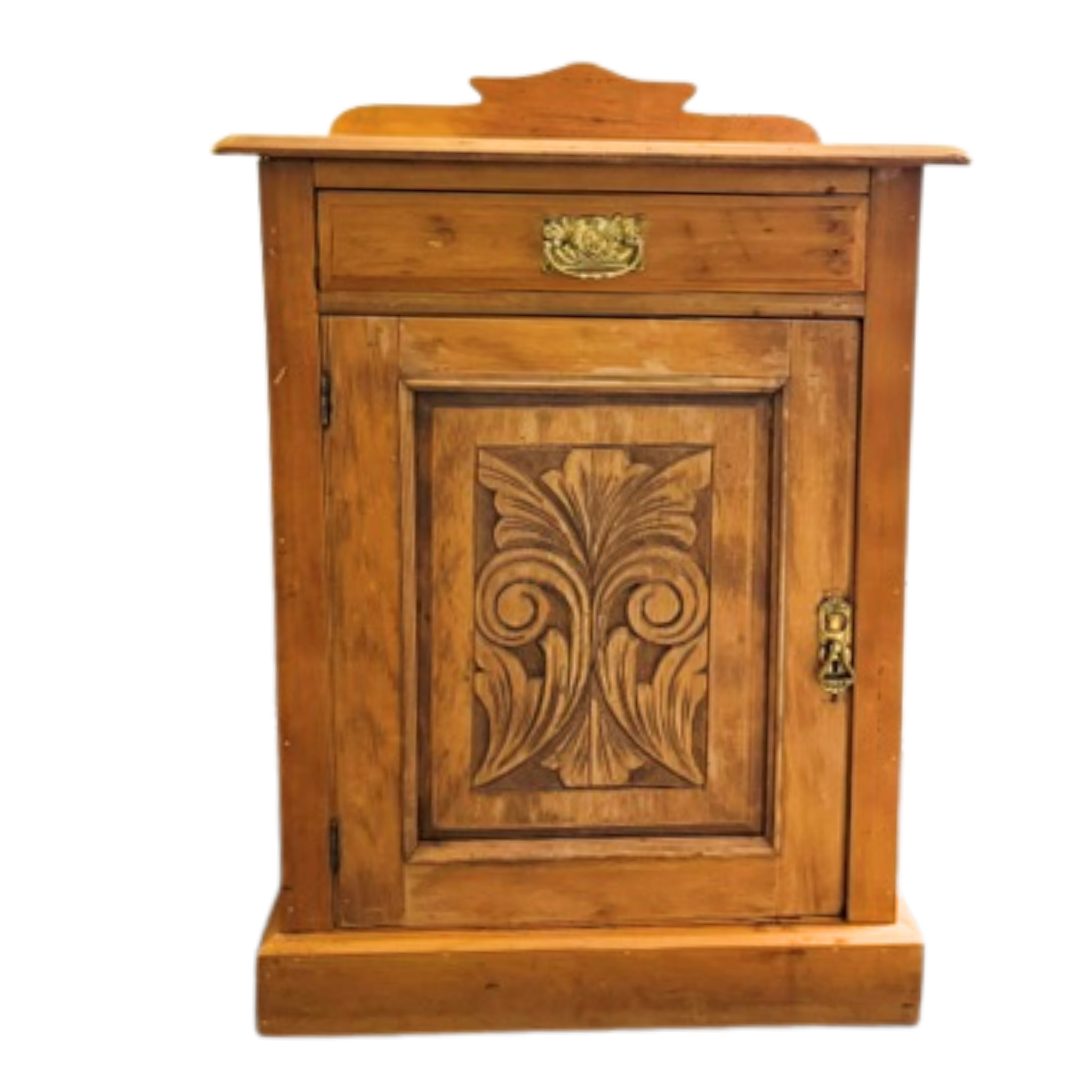 ANTIQUE VICTORIAN OAK BEDSIDE CARVED PANEL DOOR SINGLE DOVETAIL DRAWER (SET 2)