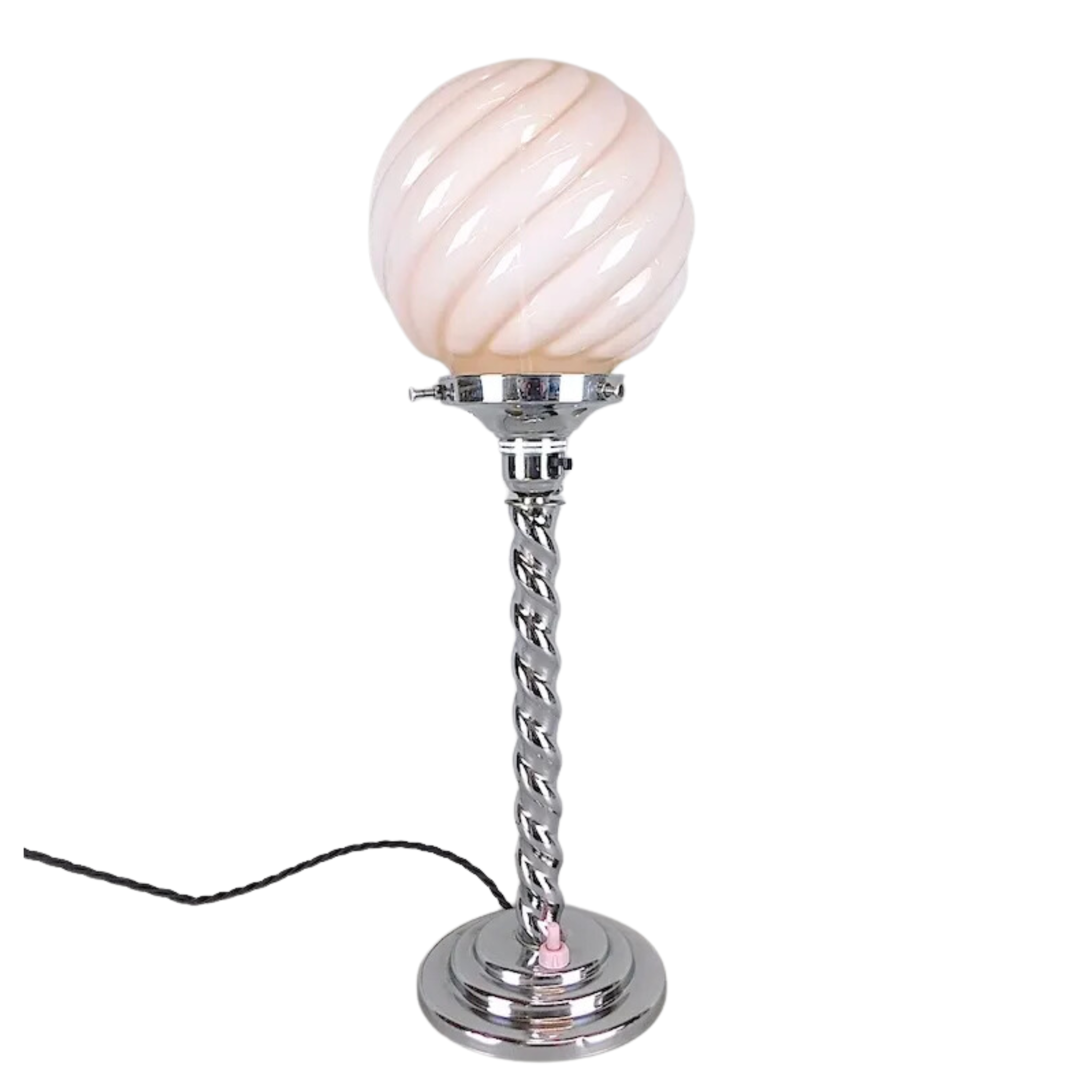 CHROME BARLEY TWIST LAMP WITH & PINK GLASS SHADE