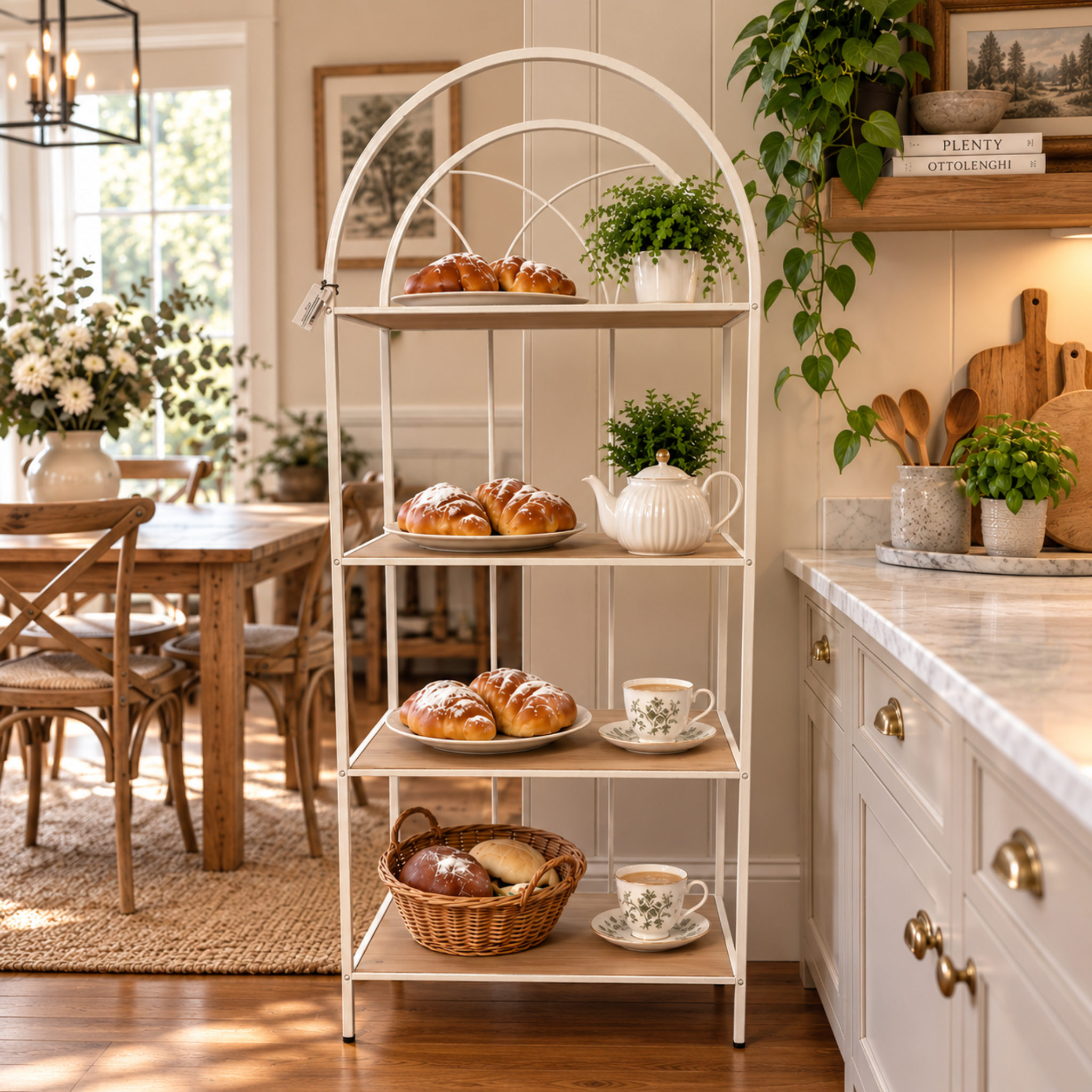 BAKERS STAND WHITE METAL FRAME WOOD SHELF