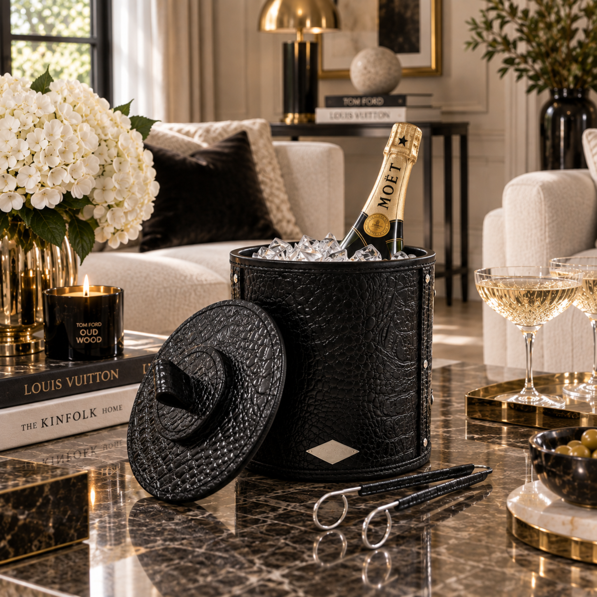 COTE DE CORAIL BLACK CROCODILE LEATHER ICE BUCKET