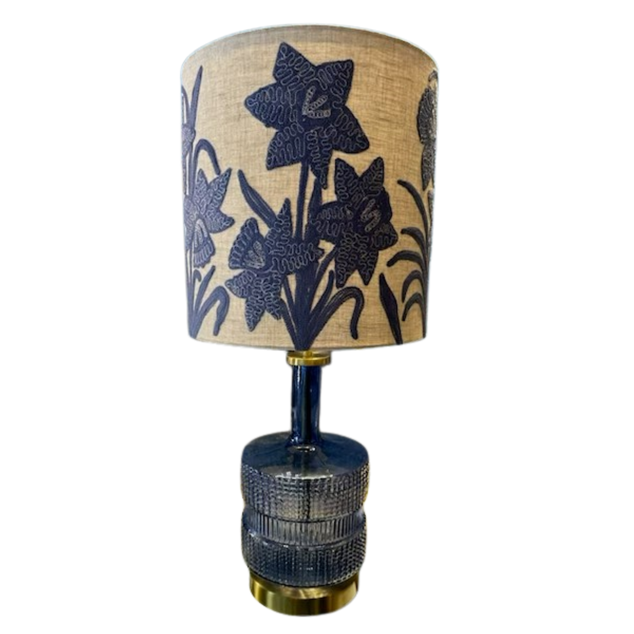 LINEN DRUM SHADE NARCISSUS LAVENDER AND RETRO INK BLUE GLASS LAMP BASE