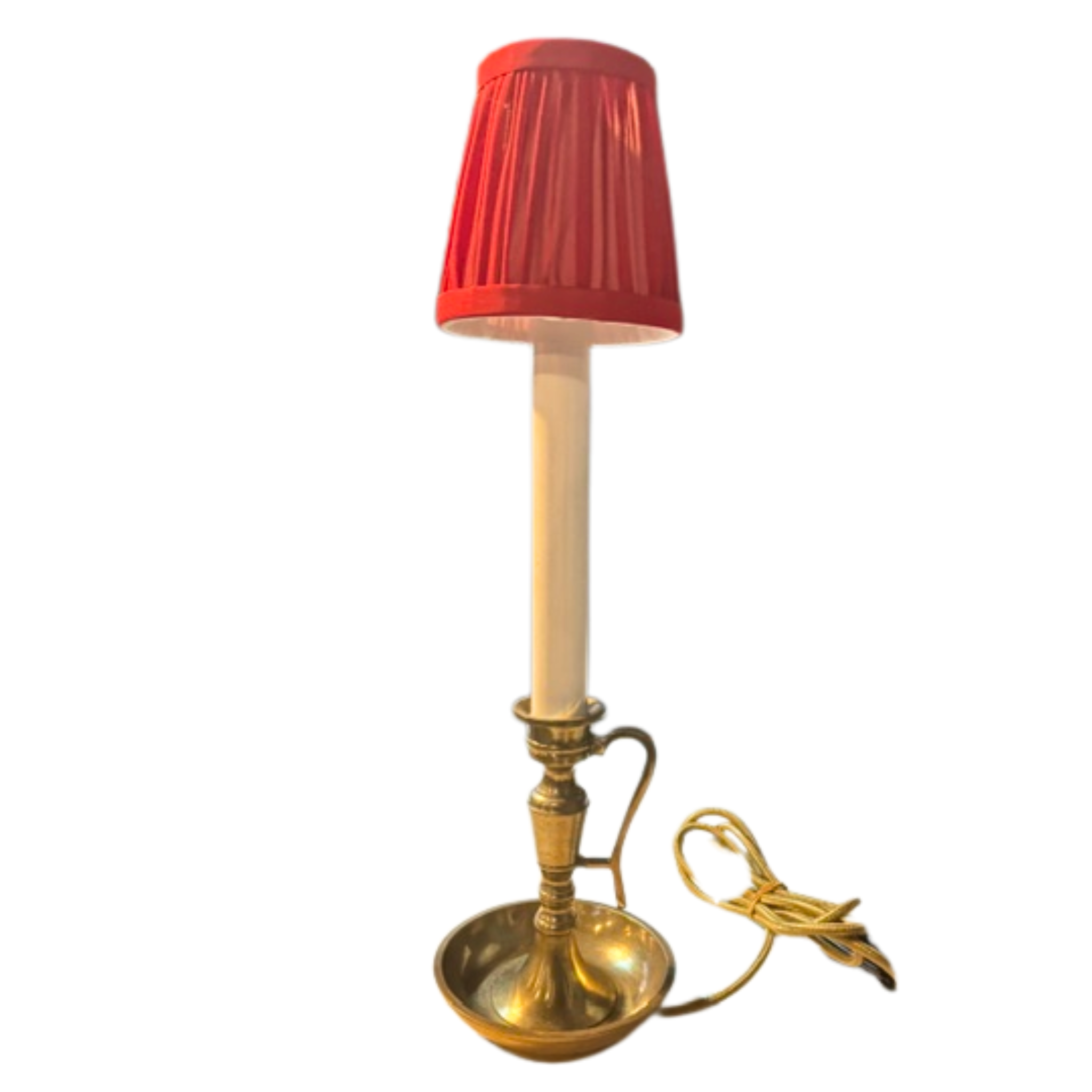 BRASS CANDLE HOLDER TABLE LAMP - MAROON RED PLEATED SHADE SHADE