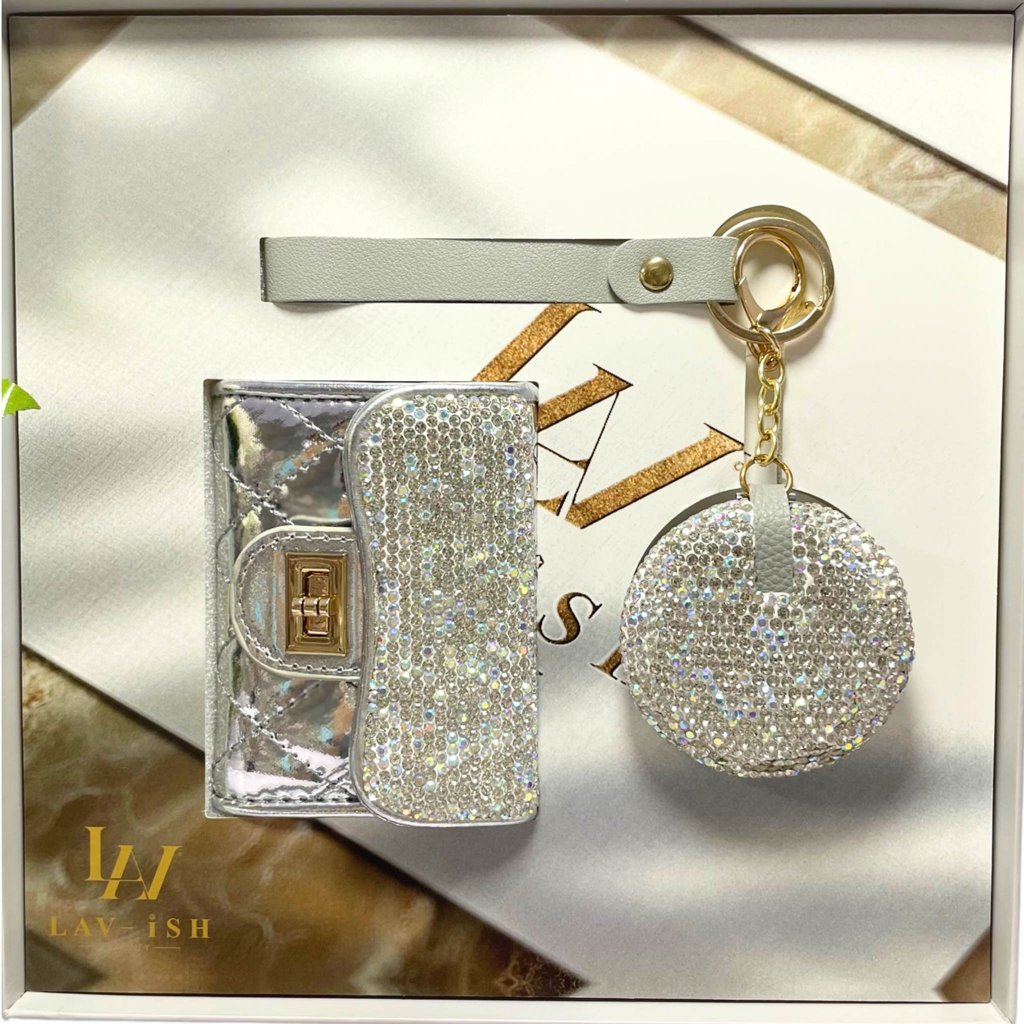 SILVER RHINESTONE CARD HOLDER AND COMPACT MIRROR GIFT SET