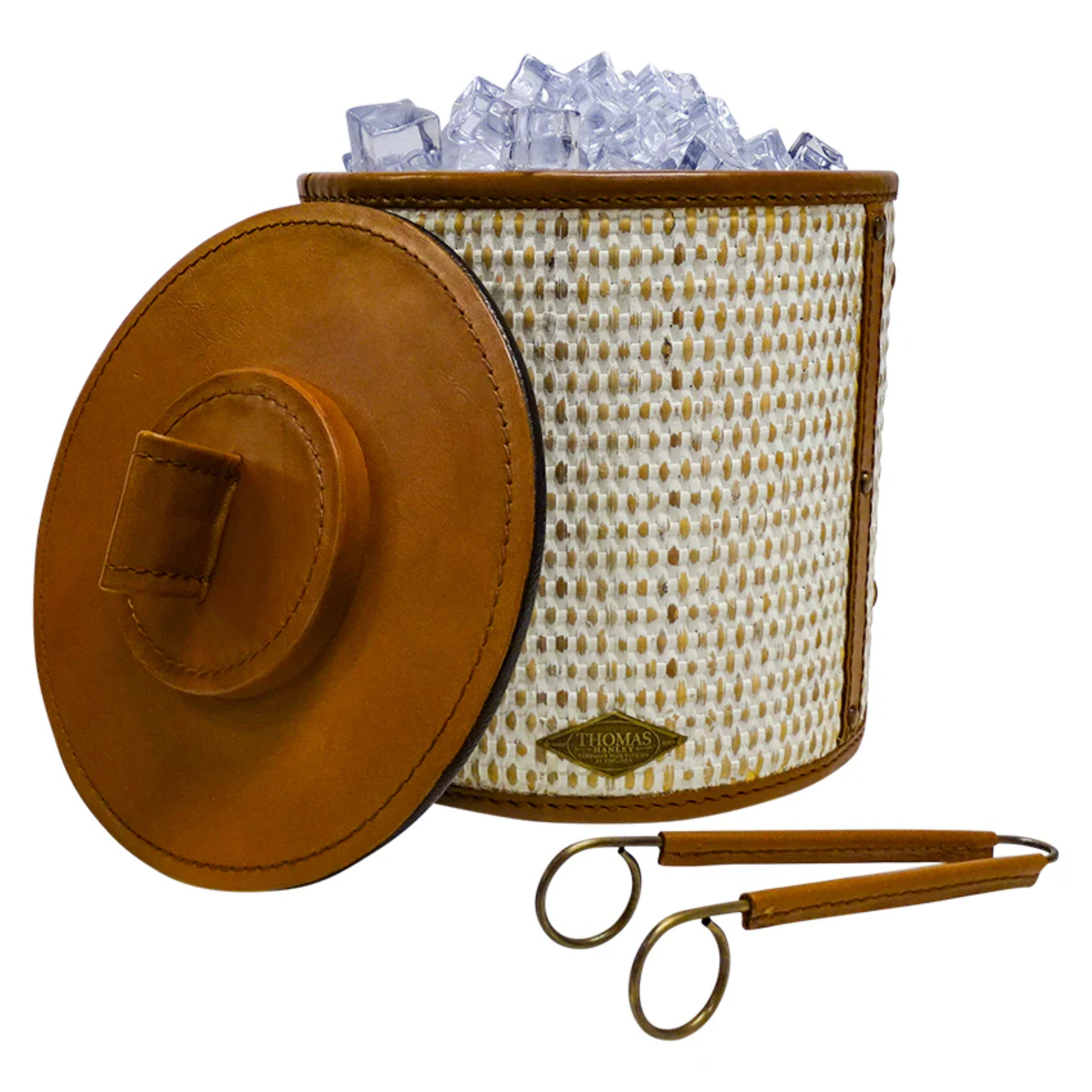 COTE DE CORAIL TOBACCO  AND WHITE LEATHER RATTAN  ICE BUCKET INCLUDES TONGS