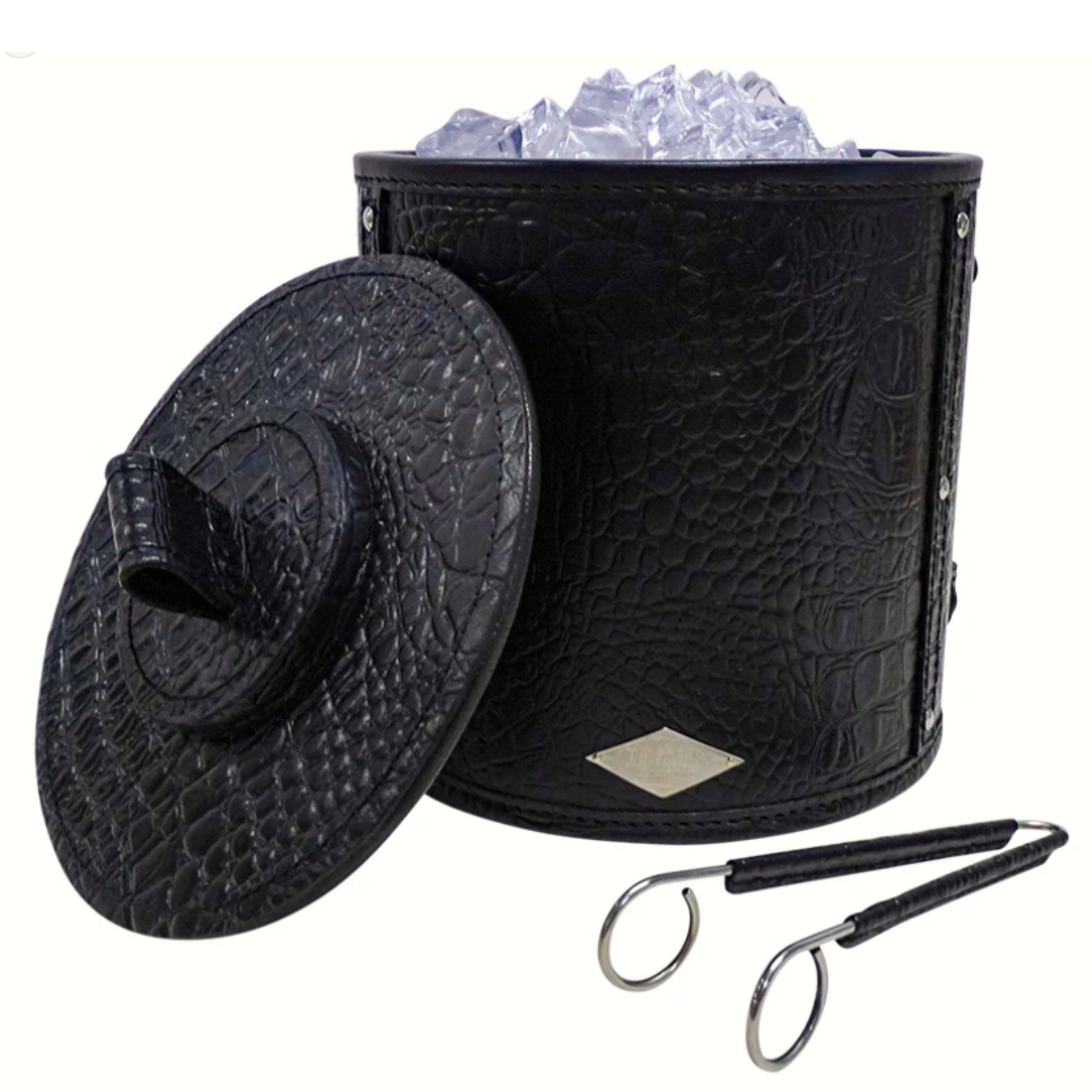 COTE DE CORAIL BLACK LEATHER ICE BUCKET INCLUDES TONGS