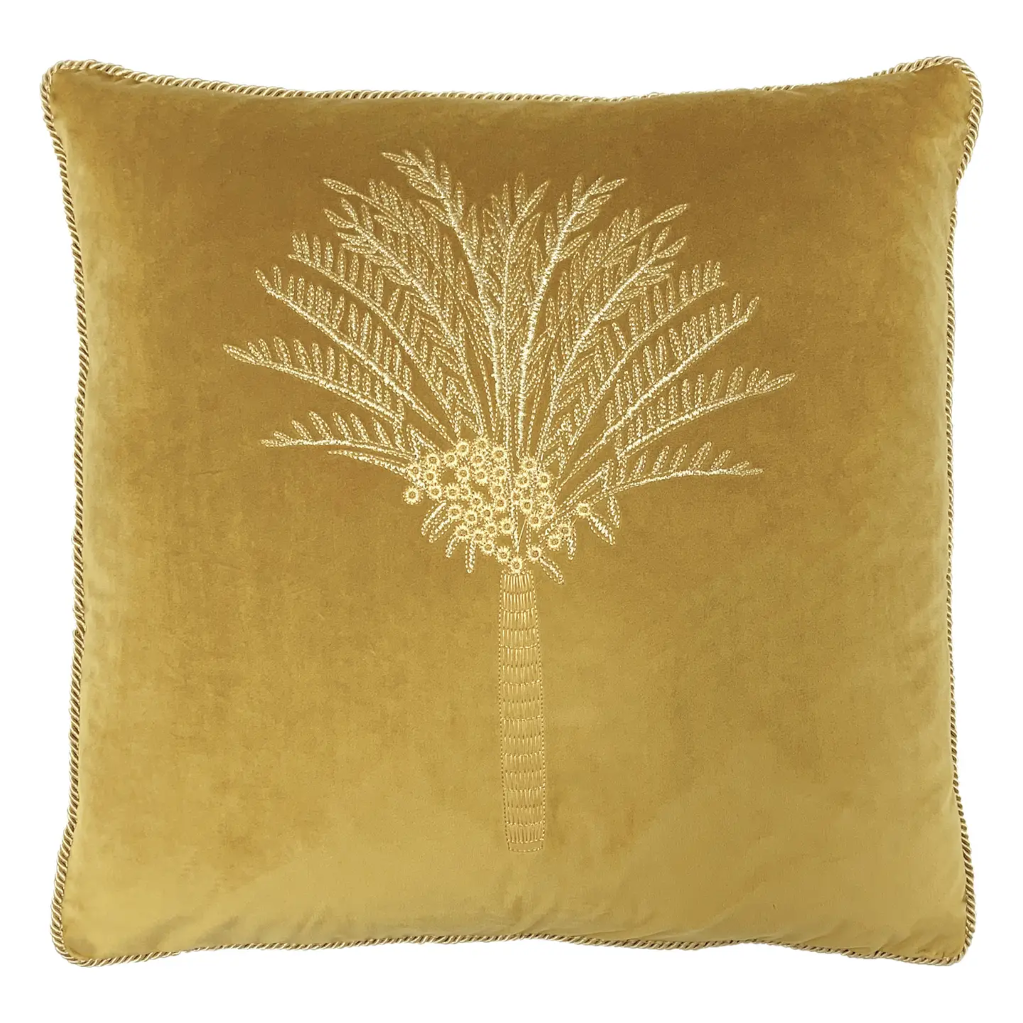 DESERT PALM EMBROIDERED OLIVE VELVET CUSHION WITH FEATHER INSERT