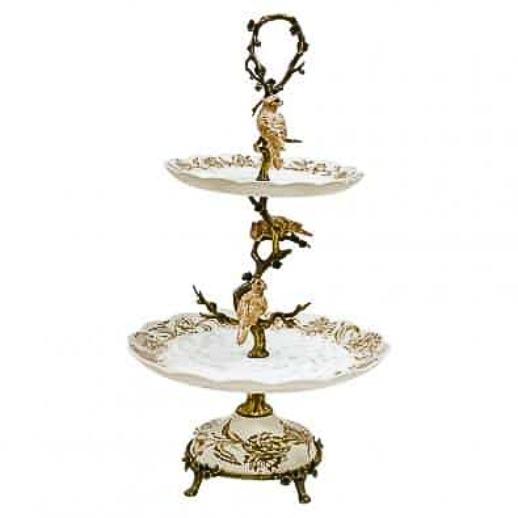 2 TIER TRAY  COCKATOO STAND BRONZE AND PORCELAIN