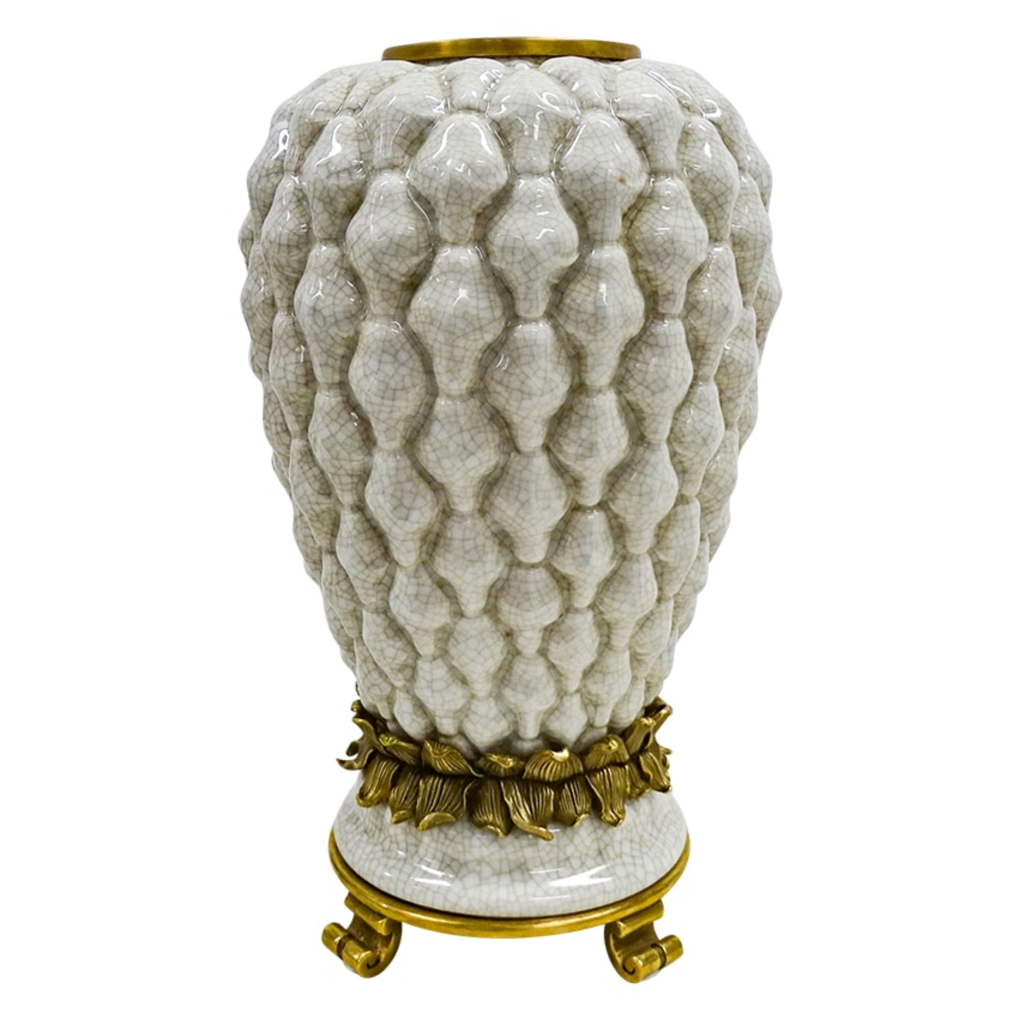GRAN PINA VASE PORCELAIN AND BRASS - ANTIQUE WHITE CRACKLE