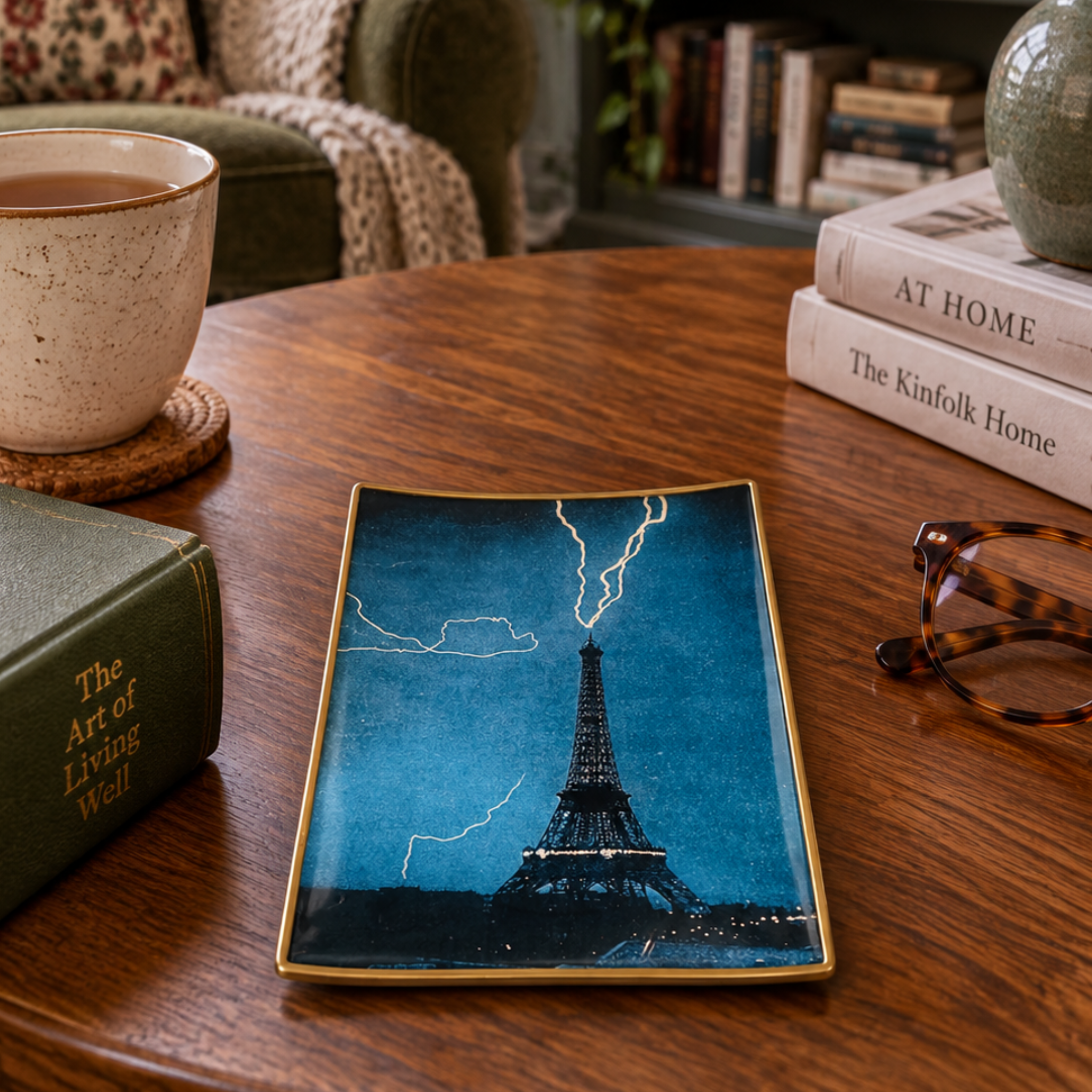 LIGHTENING ON EIFFEL TOWER DECOUPAGE GLASS TRAY USA