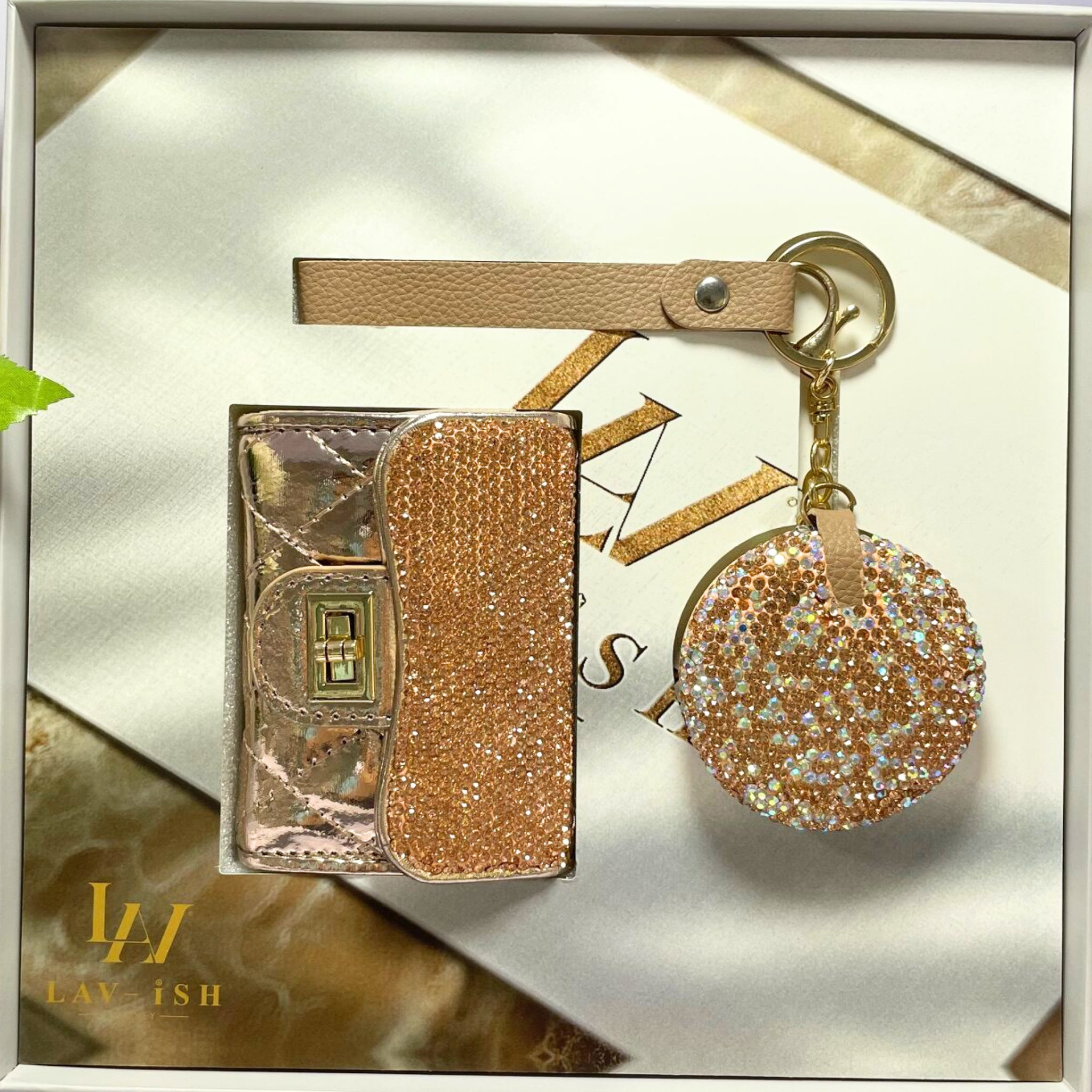 GOLD RHINESTONE CARD HOLDER AND COMPACT MIRROR GIFT SET