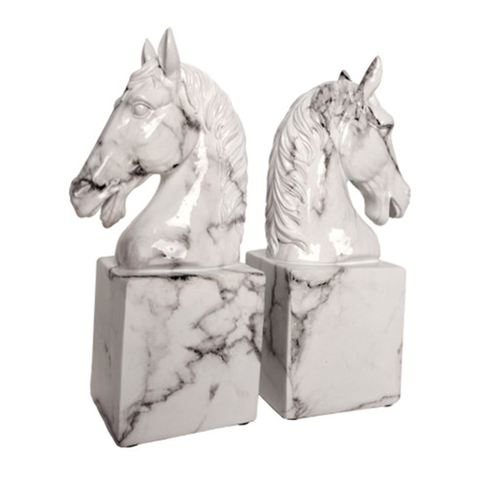 GATES RESIN WHITE MARBLE HORSE BOOKENDS