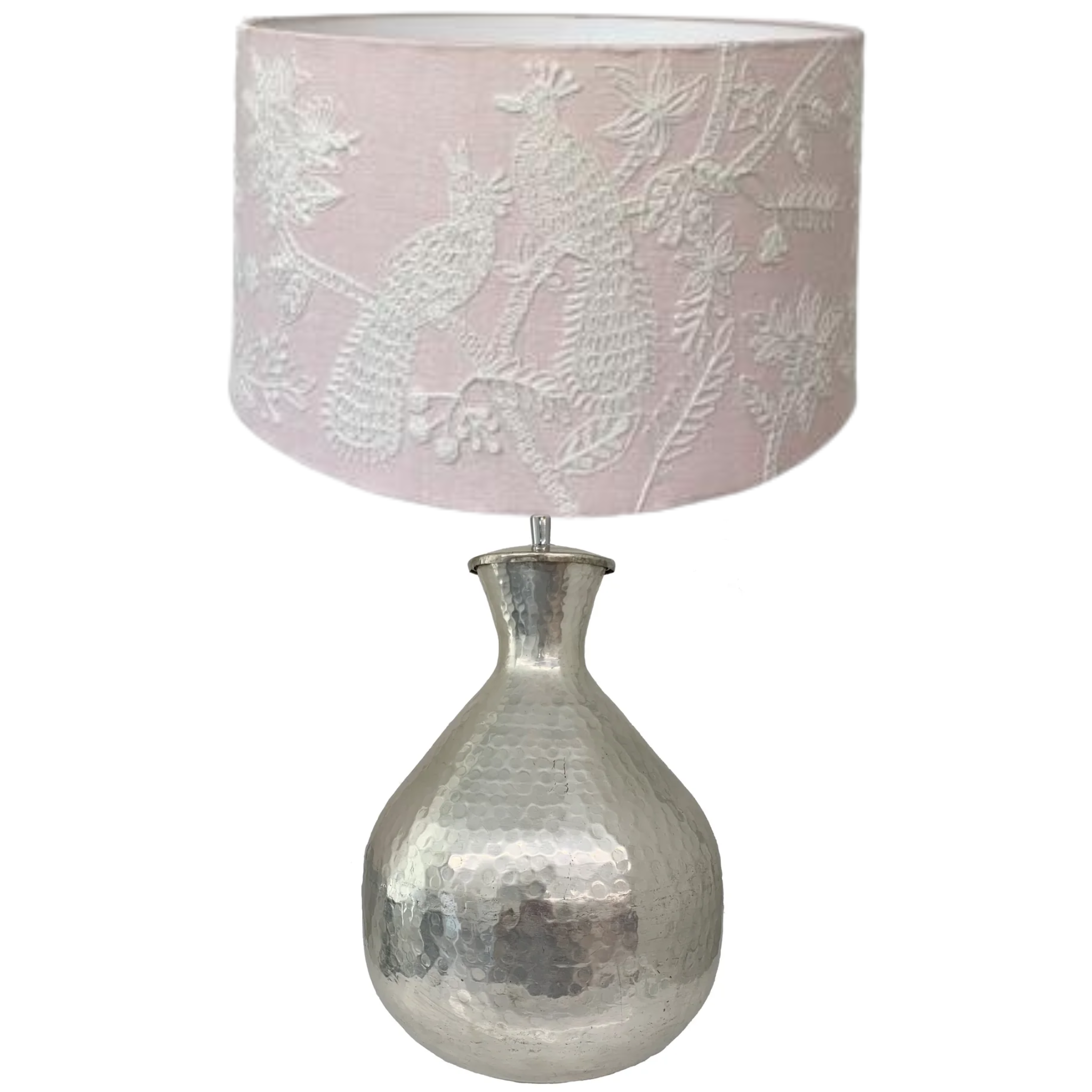 PEACOCKS BLUSH EMBROIDERED LINEN DRUM SHADE AND SILVER BEATEN  CAPTAIN HEALEY LAMP BASE