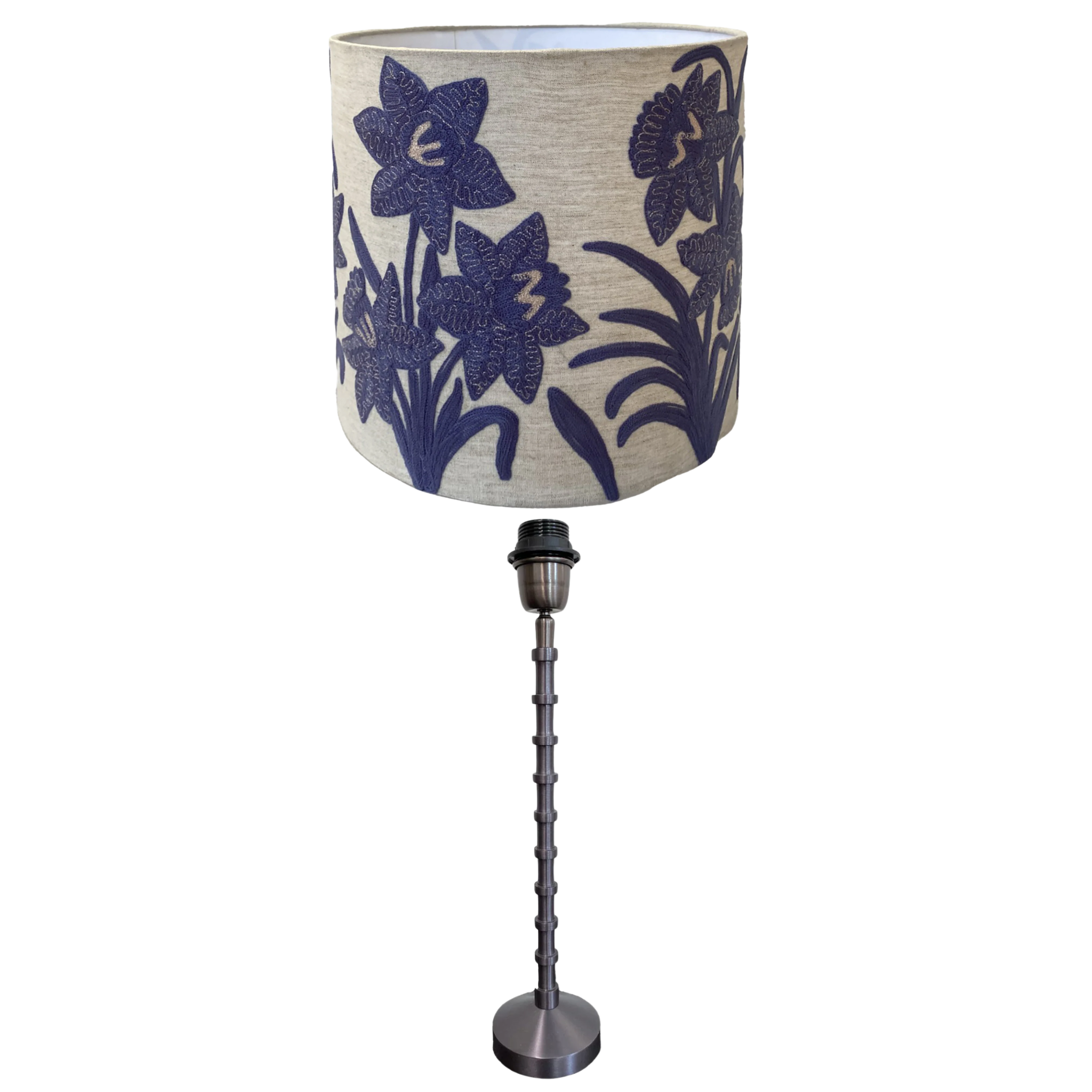 PEWTER BAMBOO TABLE LAMP WITH NARCISSUS LAVENDER LINEN SHADE