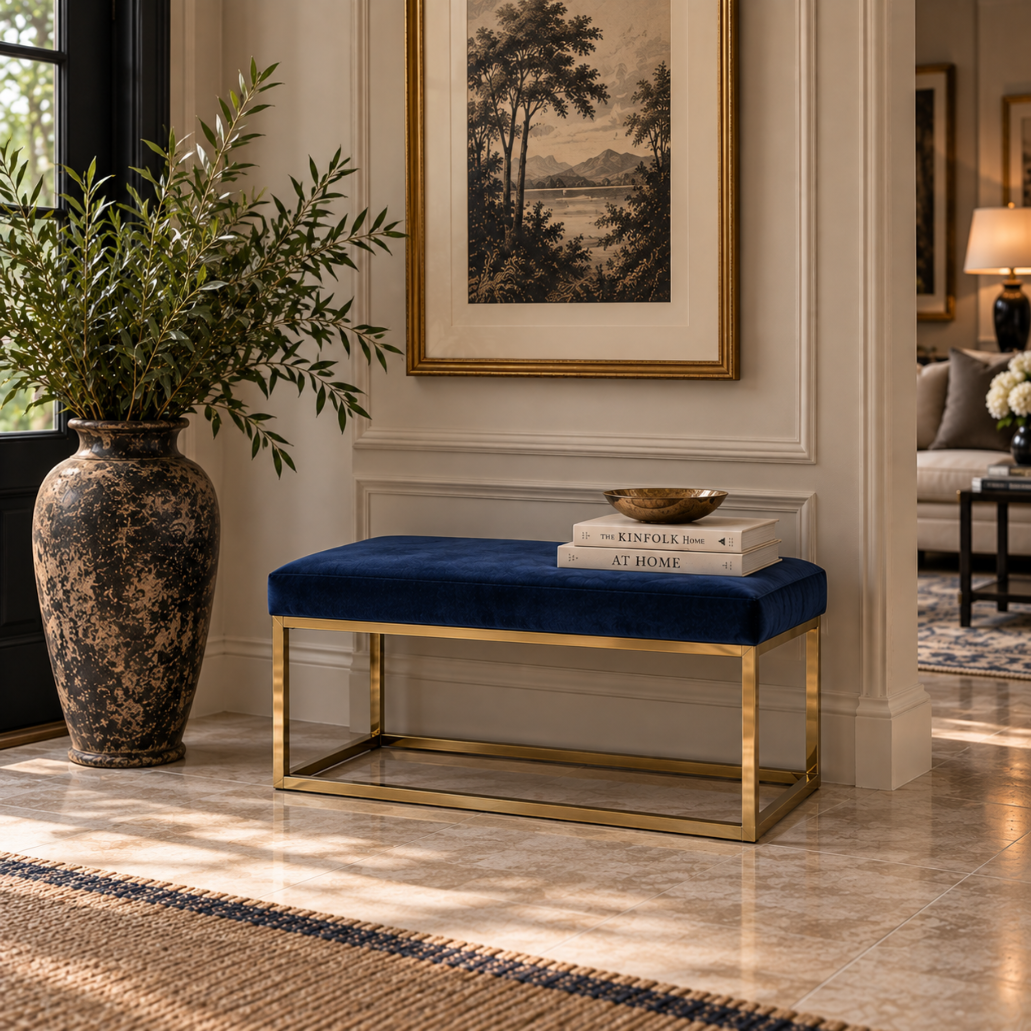 NAVY VELVET UPHOLSTERED BENCH