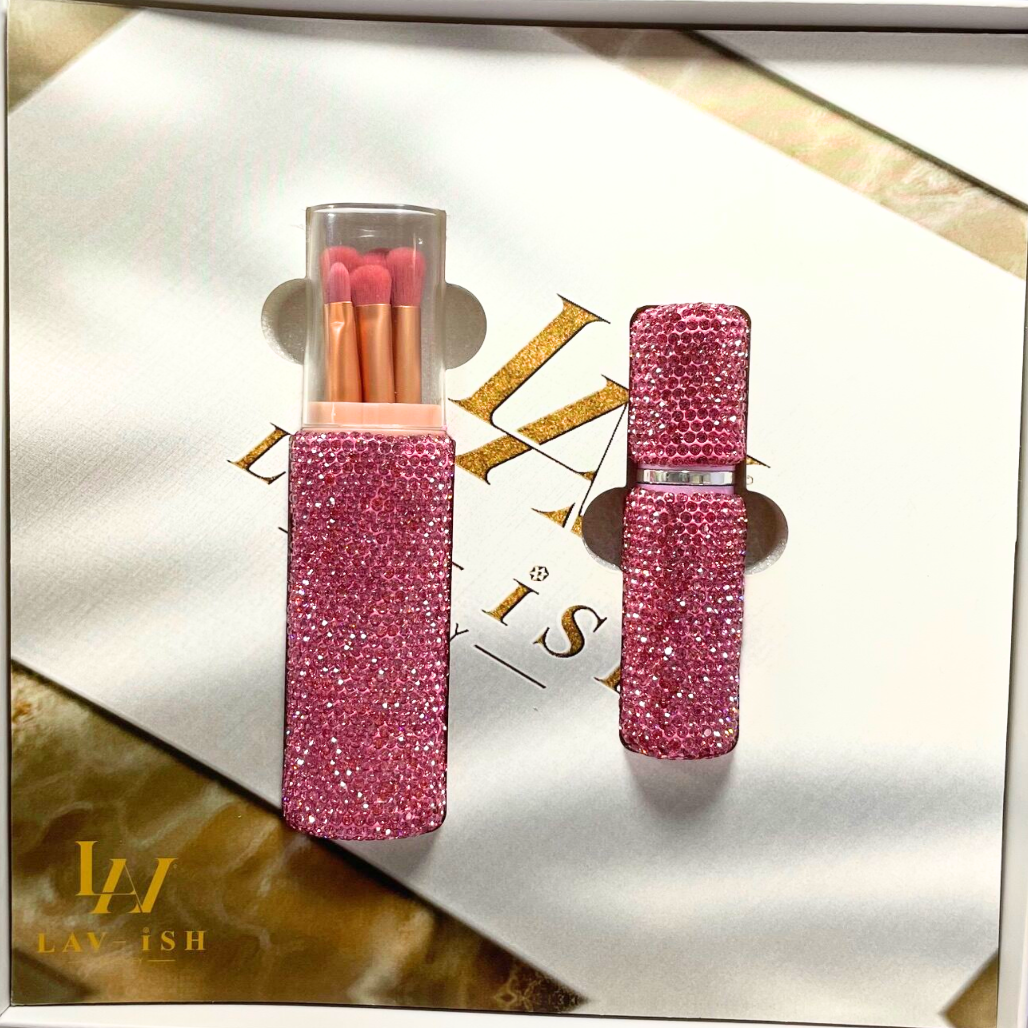 FUCSIA RHINESTONE REFILLABLE PERFUME ATOMIZER AND MAKEUP BRUSHERS GIFT BOX