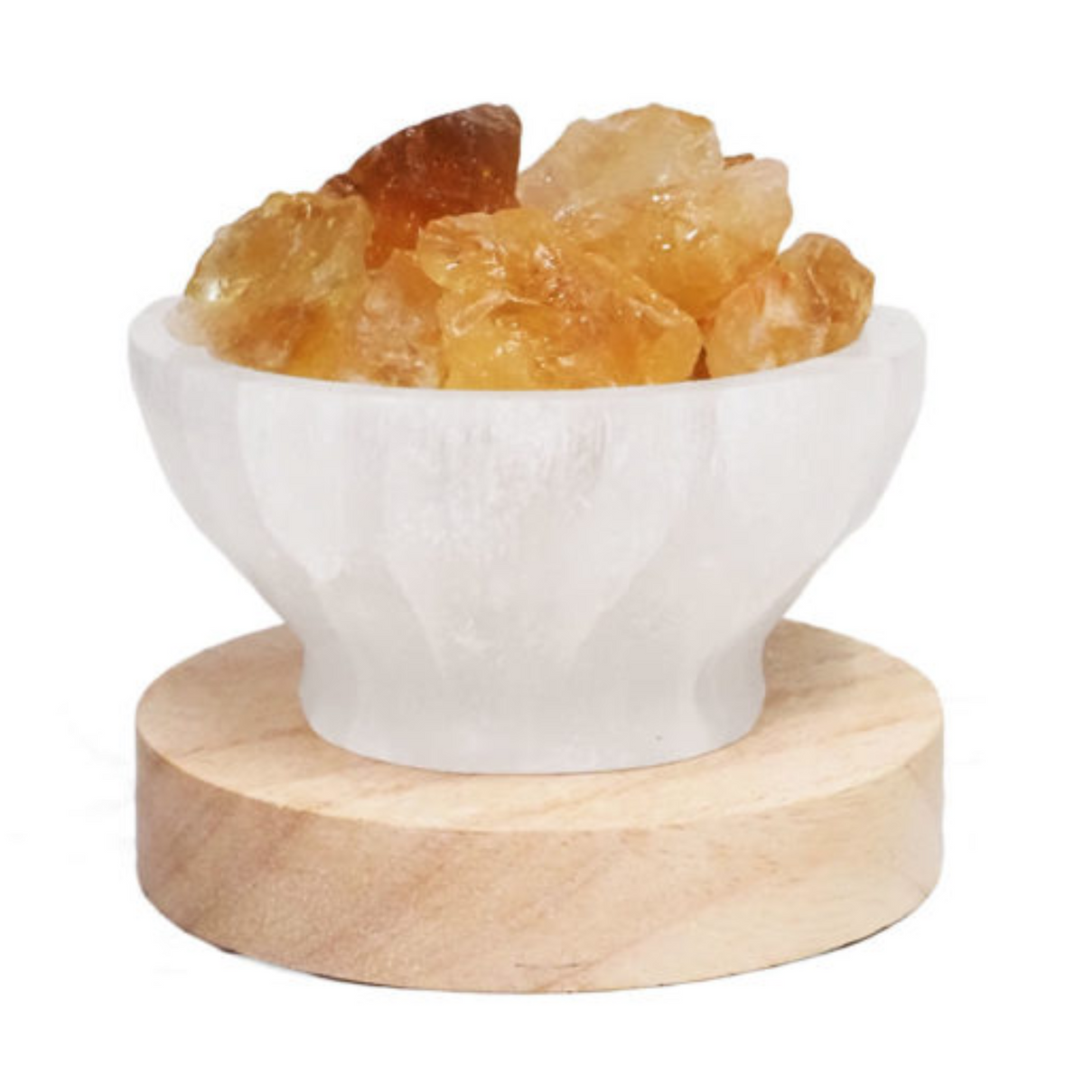 SELENITE BOWL WITH CITRINE ON TIMBER LED BASE