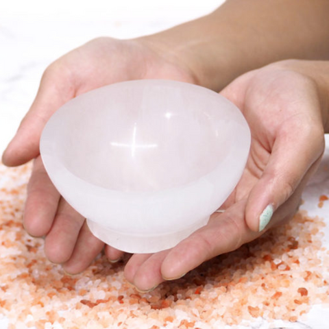 SELENITE BOWL WITH CITRINE ON TIMBER LED BASE