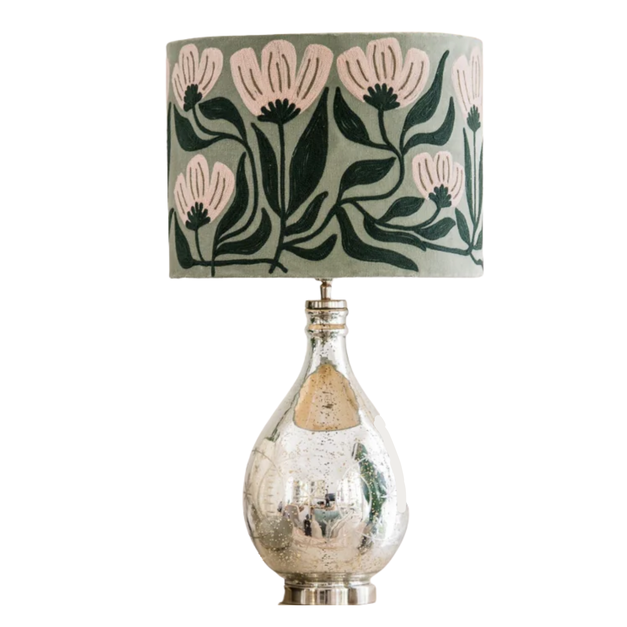 GENIE ANTIQUE SILVER ETCHED GLASS LAMP BASE WITH VELVET SHADE