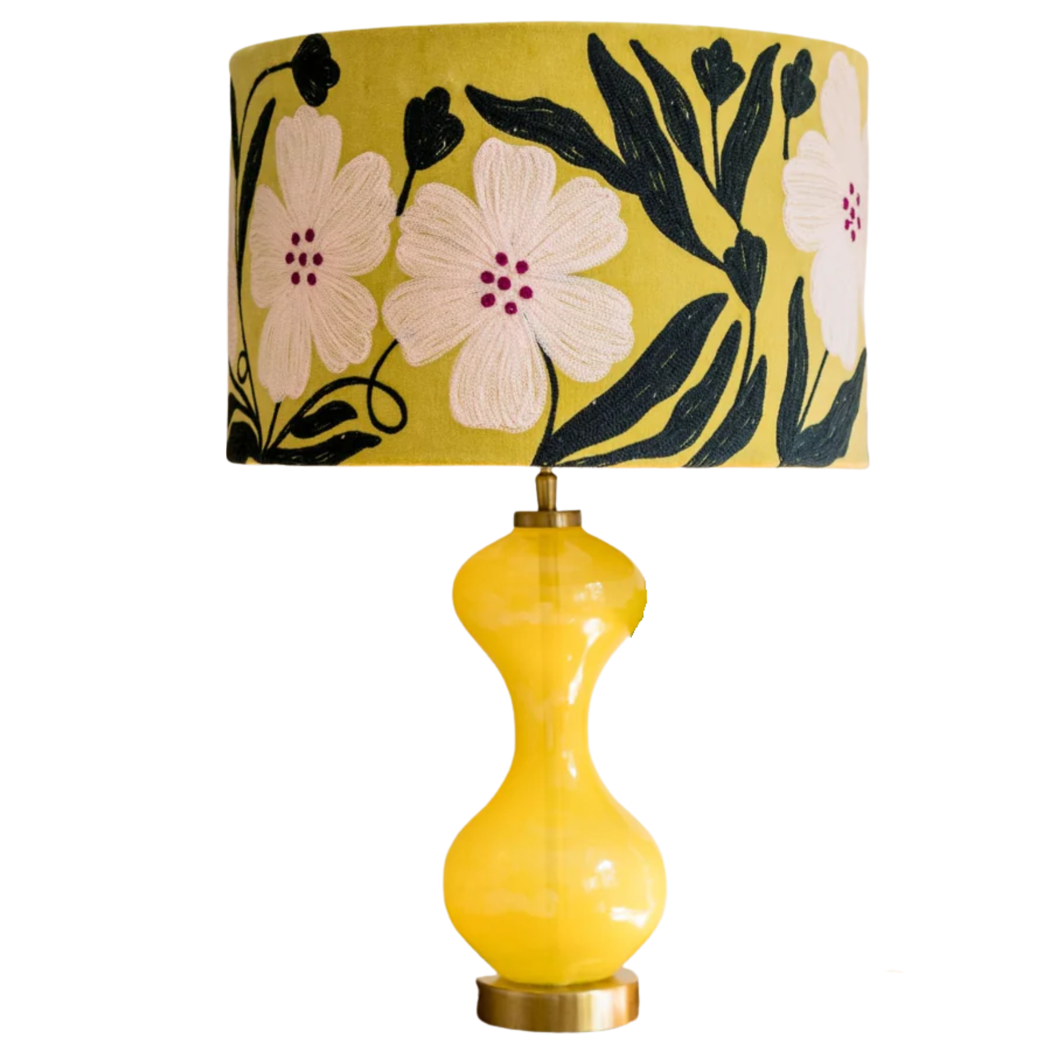 LEMON YELLOW GLASS TABLE LAMP WITH VELVET DRUM SHADE