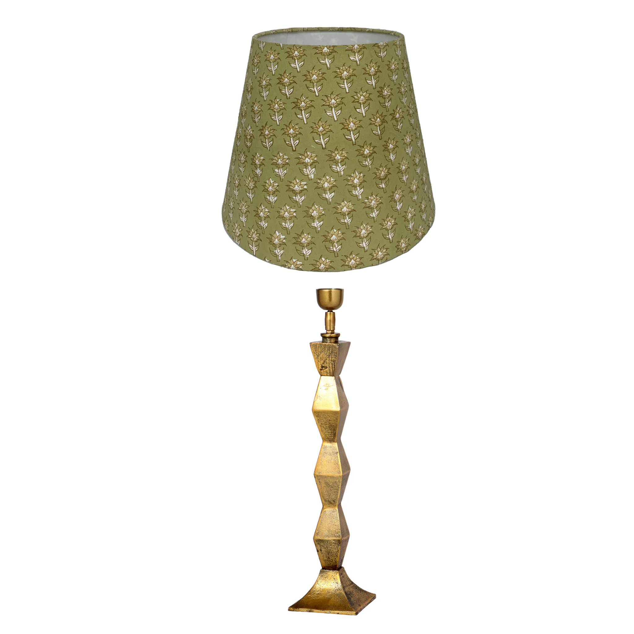 MULTI DIAMOND ANTIQUE GOLD TABLE LAMP WITH BLOCK PRINTED COTTON SHADE