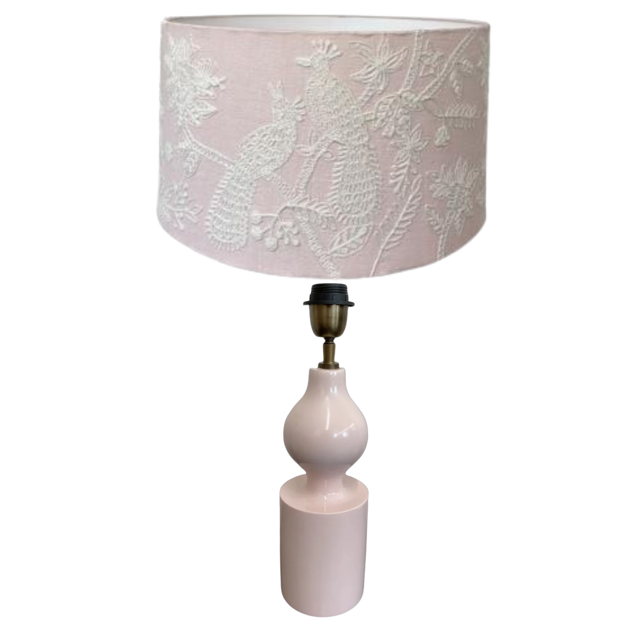 EMBROIDERED LINEN PEACOCK DRUM SHADE PALE PINK AND CAPRI LAMP BASE TIMBER PALE PINK