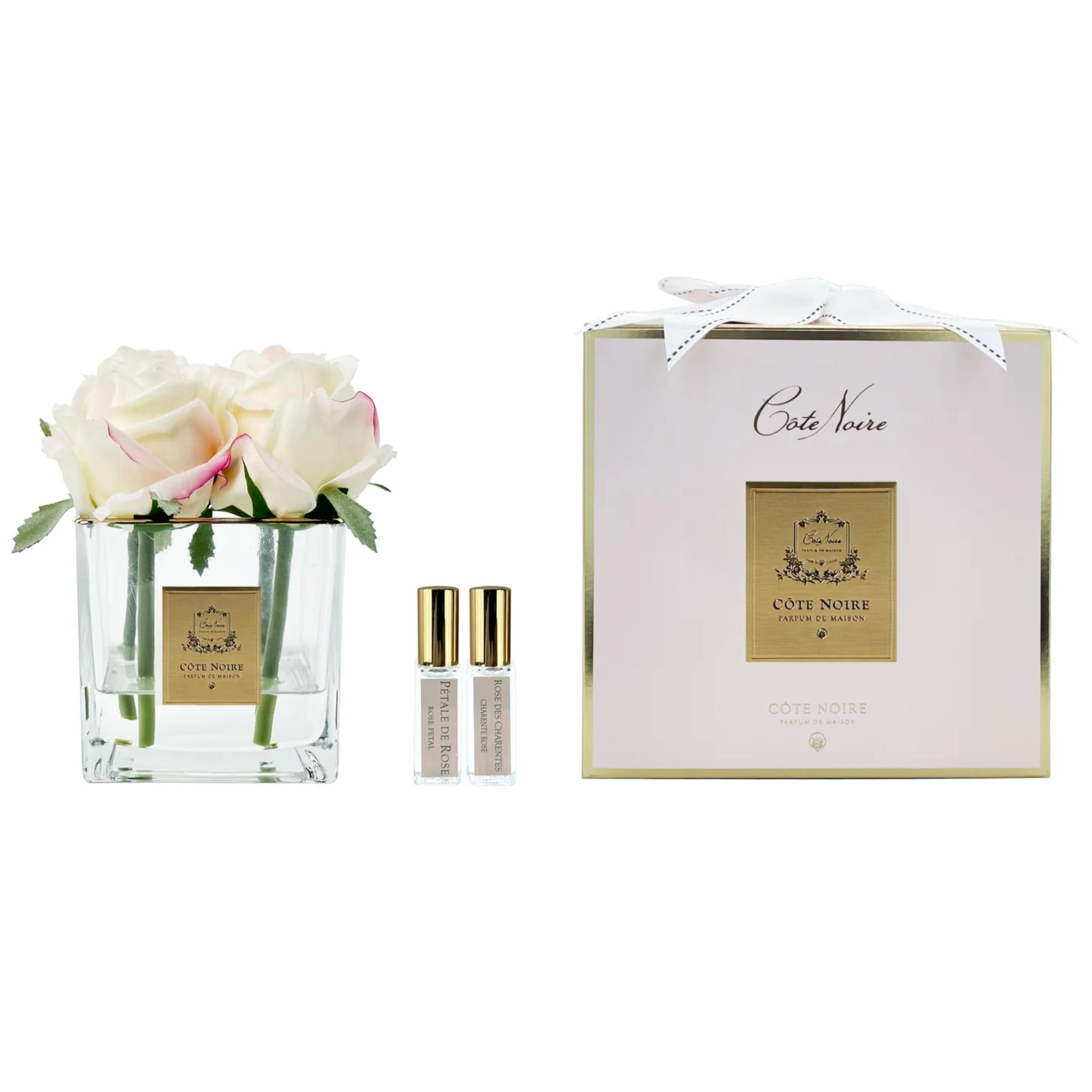 COTE NOIRE COUTURE 4 ROSE BUDS SQUARE VASE - GOLD & PINK BLUSH