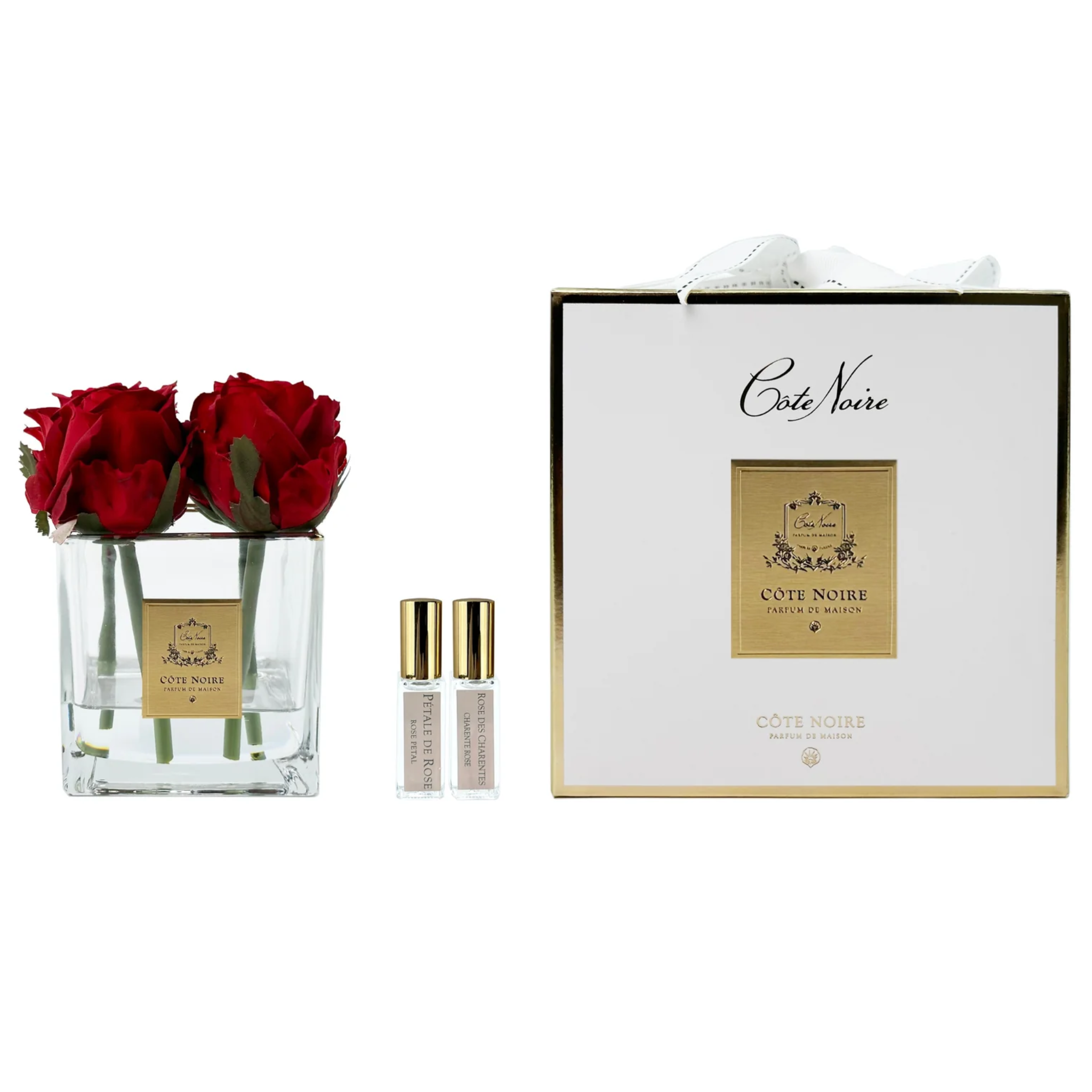 COTE NOIRE COUTURE 4 ROSE BUDS SQUARE VASE - GOLD & RED