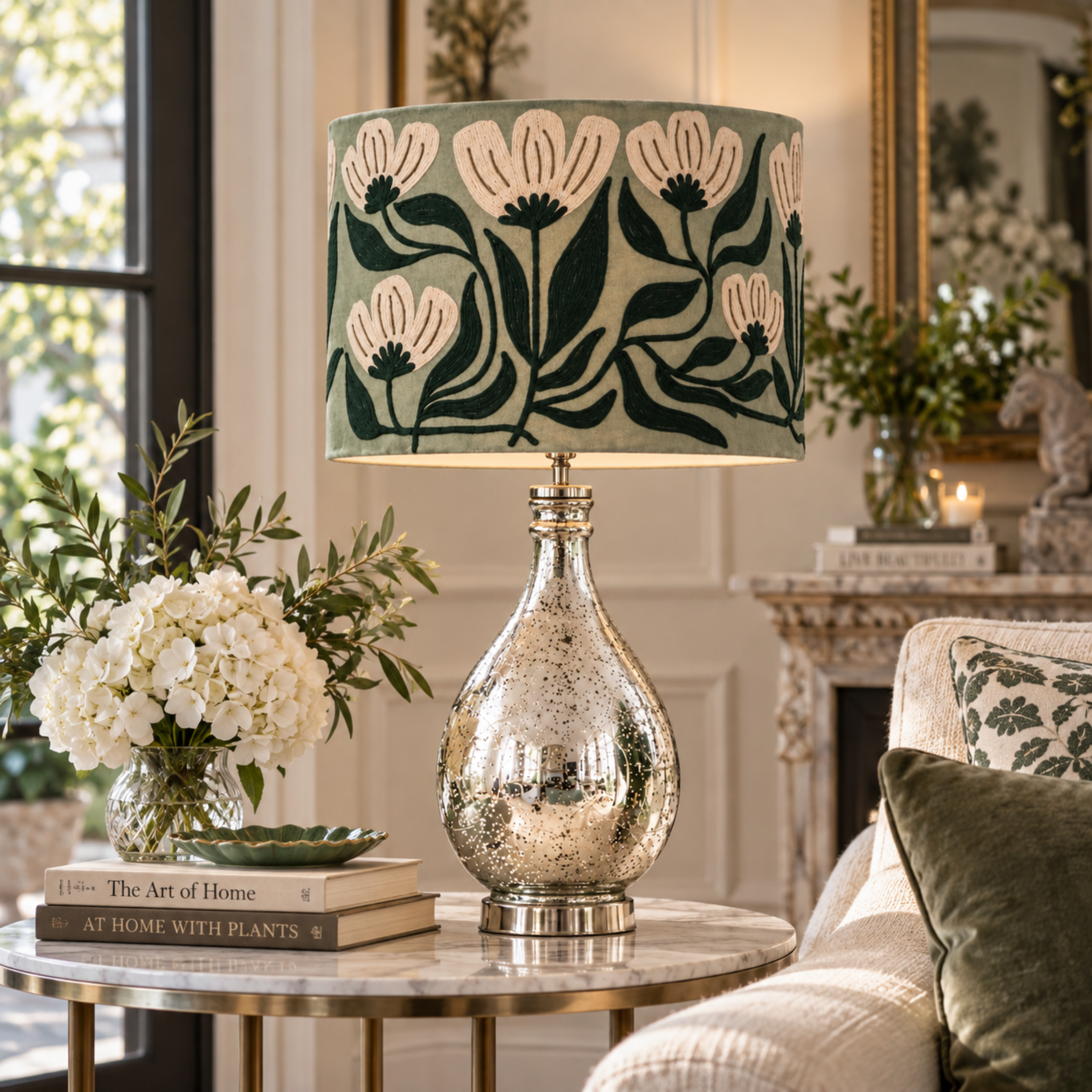 GENIE ETCHED SILVER GLASS LAMP-SAGE VELVET SHADE