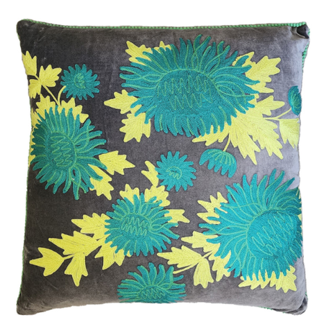 CUSHION CHRYSANTHEMUM VELVET - CHARCOAL / TEAL