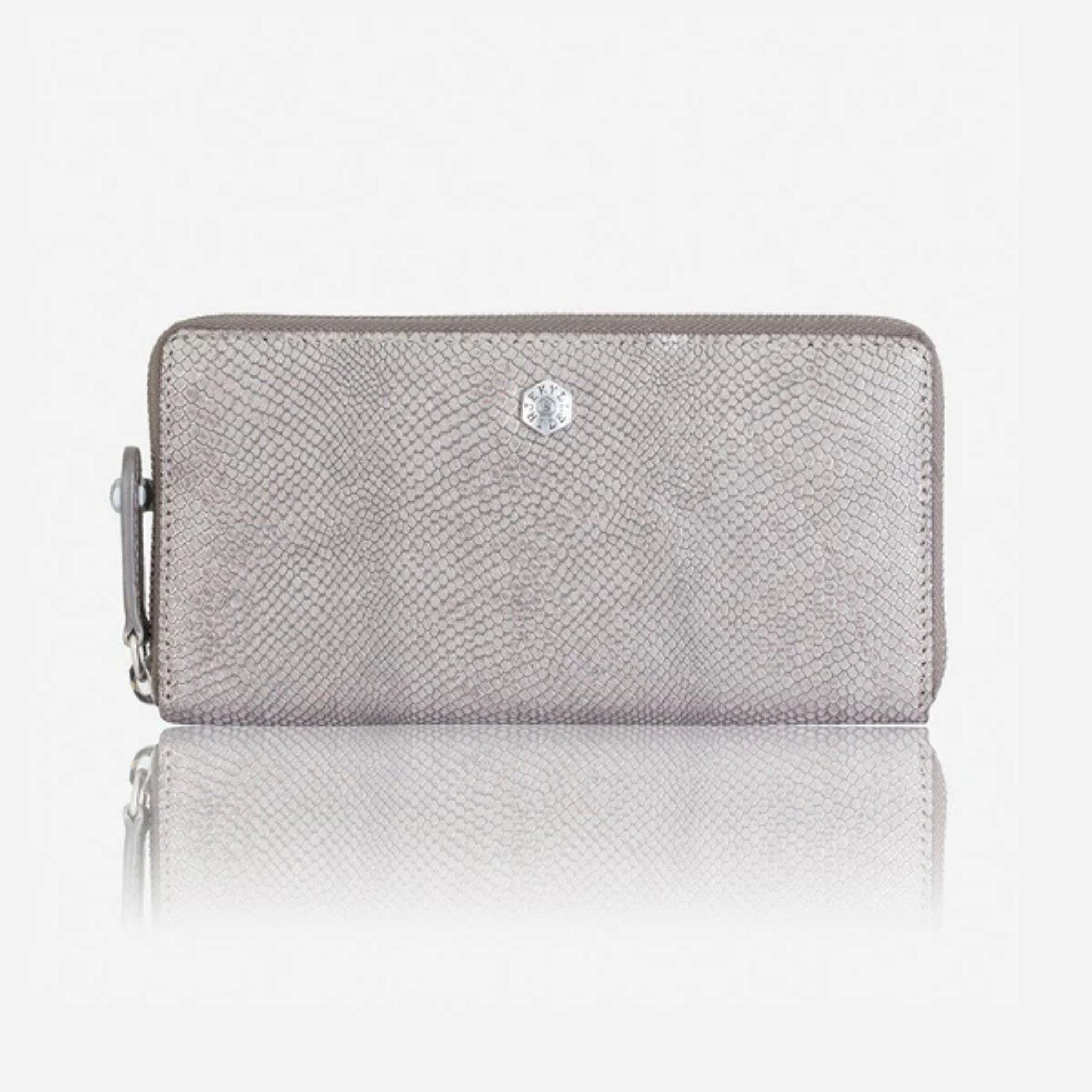 VALENCIA LARGE LEATHER METALLIC ZIP AROUND PURSE - GREY