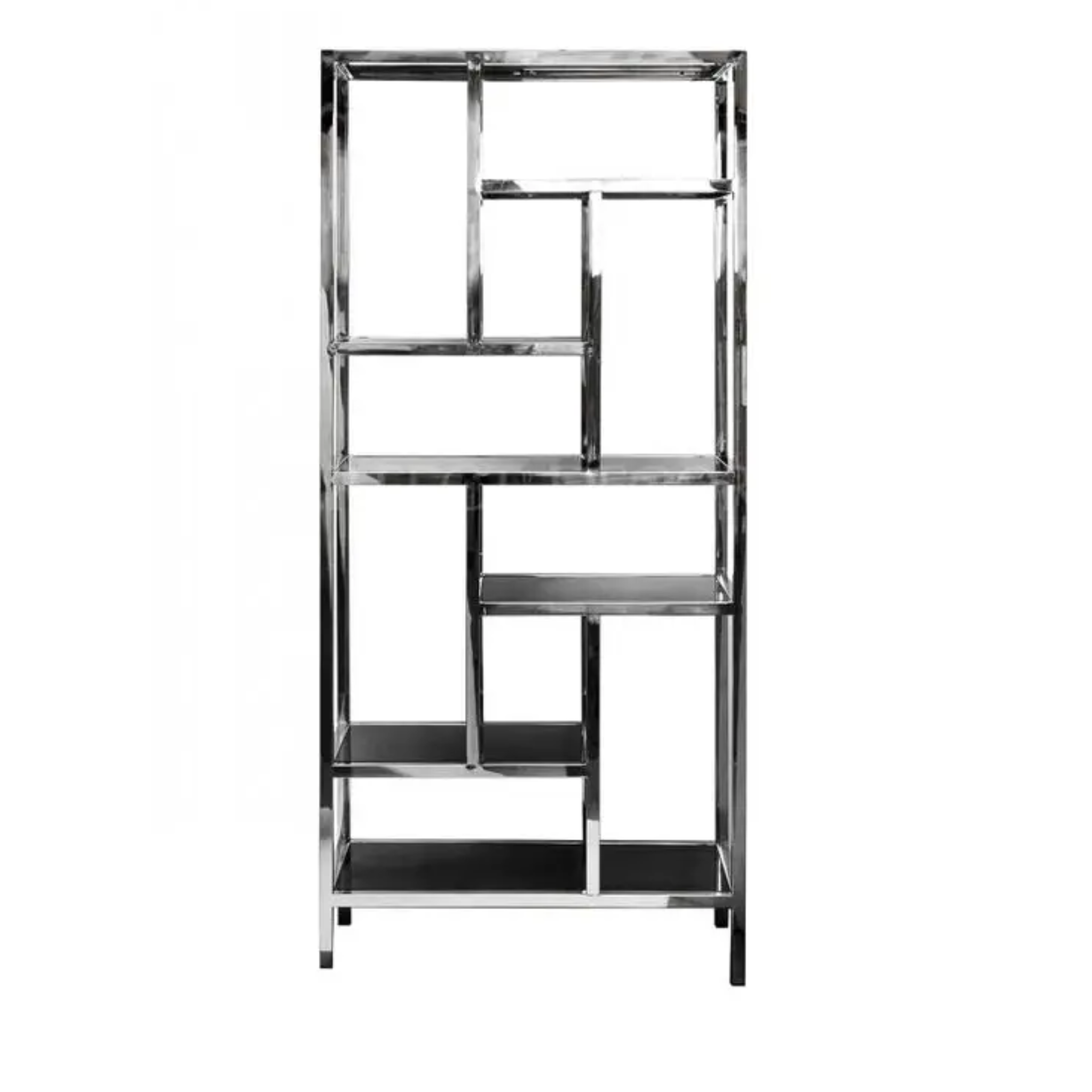 EUROPEAN DESIGNER ETAGERE HOLLYWOOD REGENCY SILVER STEEL FRAME TEMPERED SMOKED GLASS SHELVES