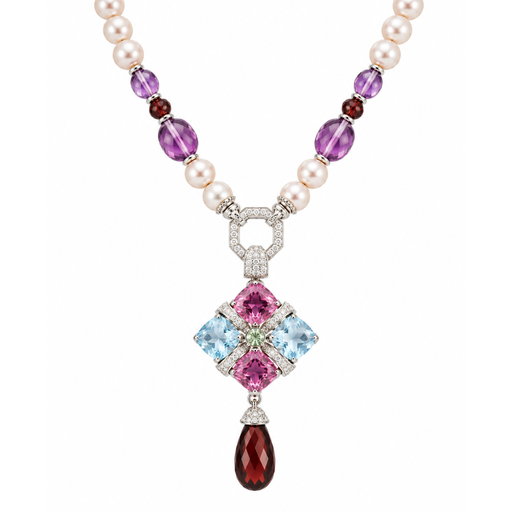 AMETHYST, BLUE TOPAZ & GARNET FRESHWATER PEARL NECKLACE
