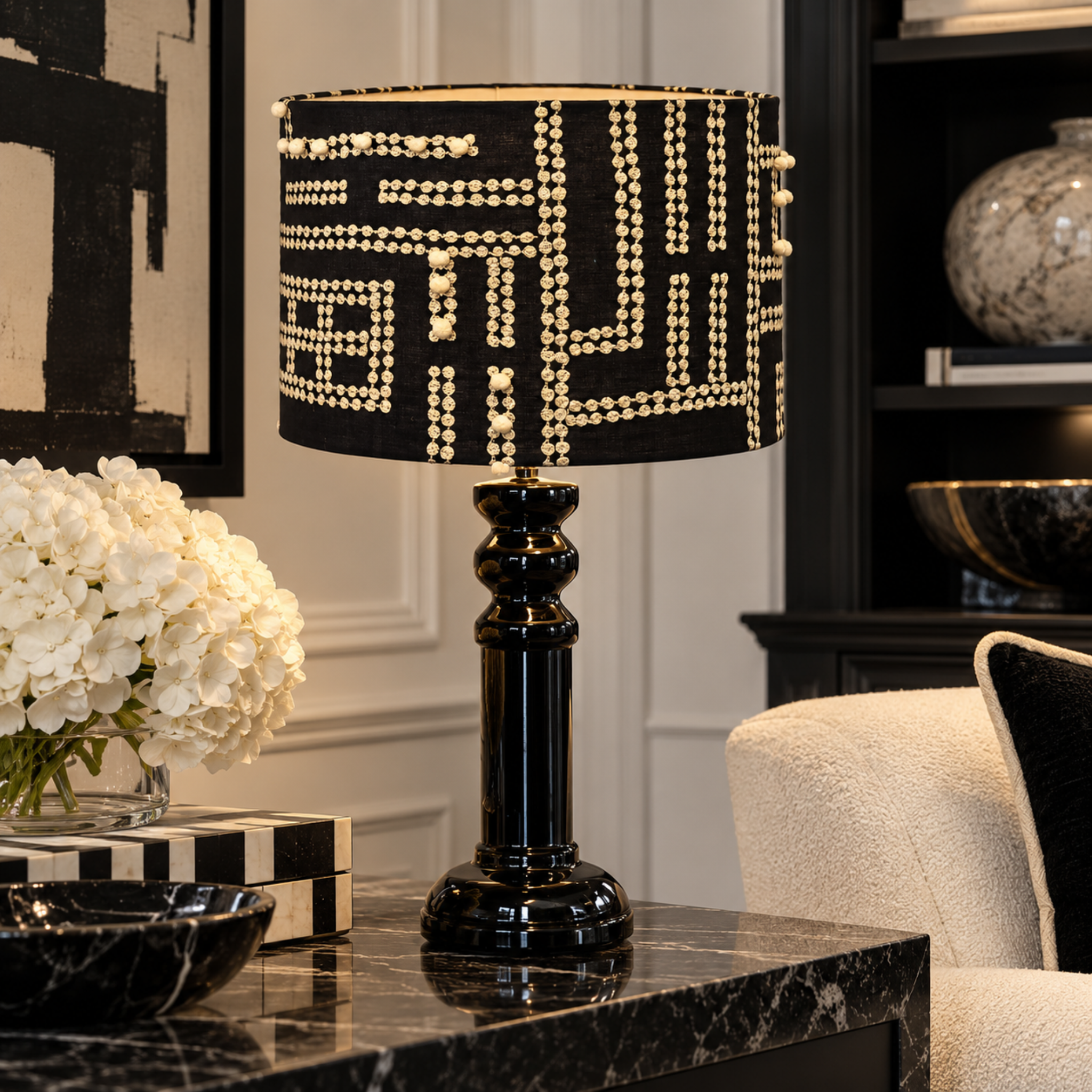 KAVERI BLACK TABLE LAMP & EMBROIDERED LINEN SHADE