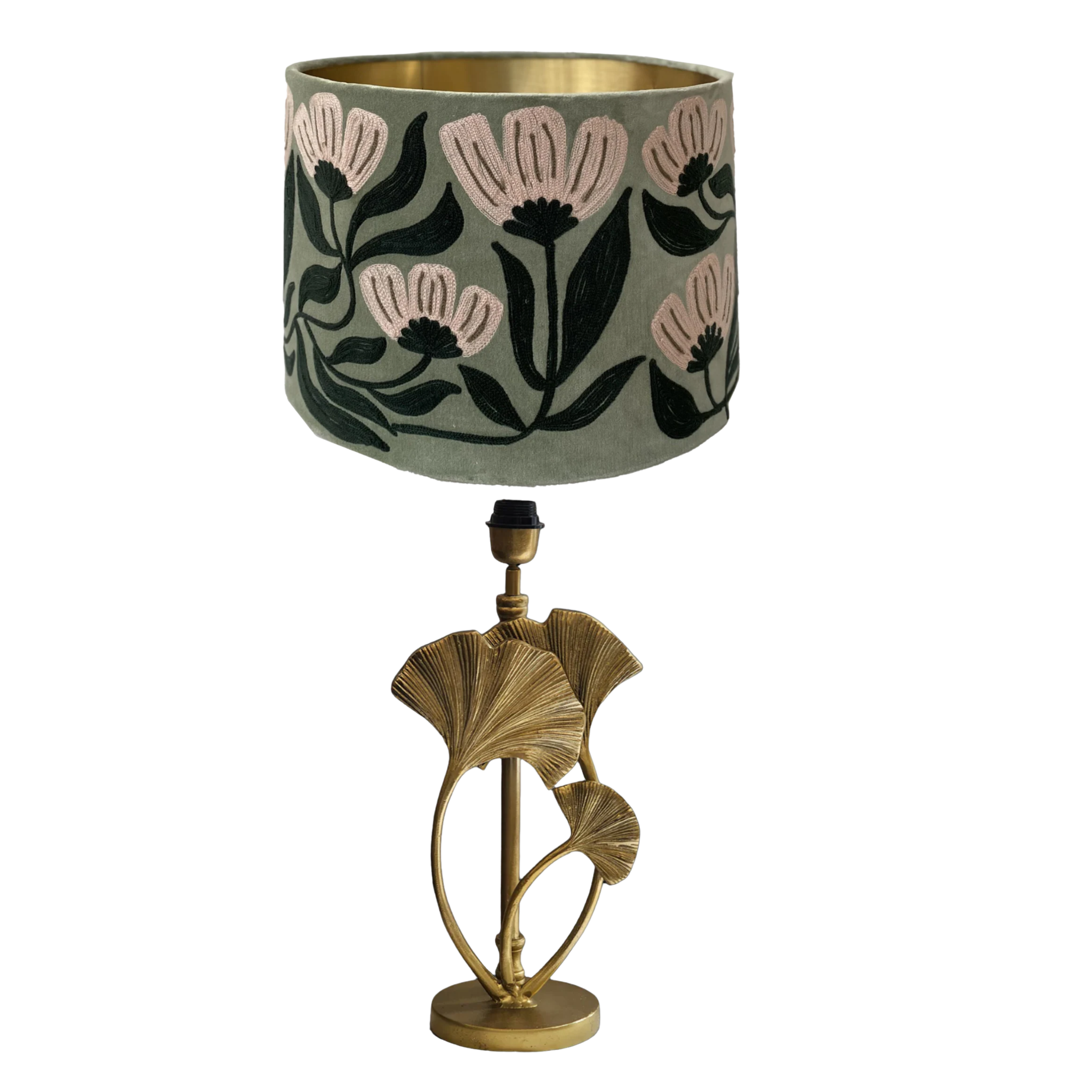 GOLD LOTUS LEAF TABLE LAMP WITH SAGE GREEN VELVET SHADE
