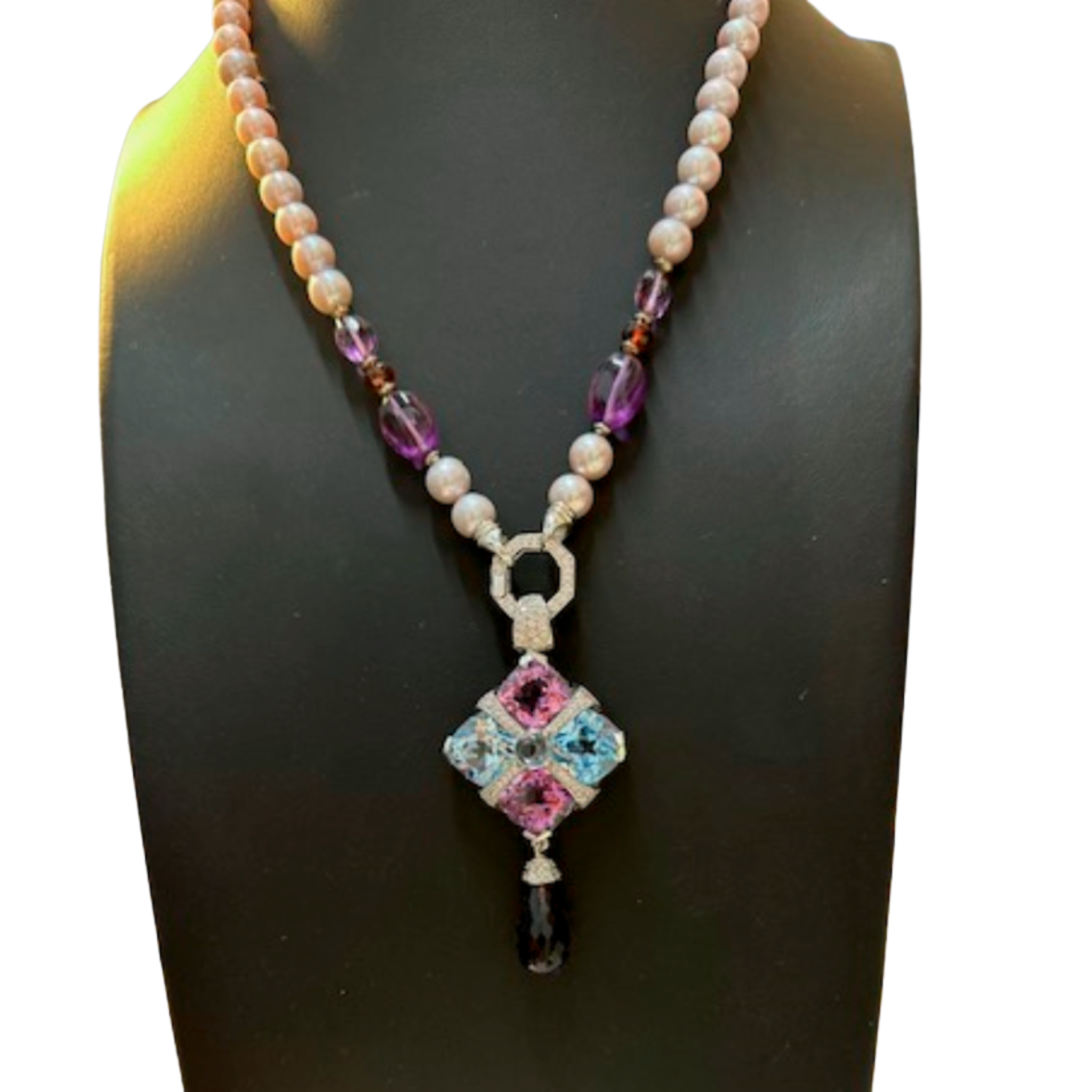 AMETHYST BLUE TOPAZ, PEARL & GARNET 925 STERLING SILVER NECKLACE