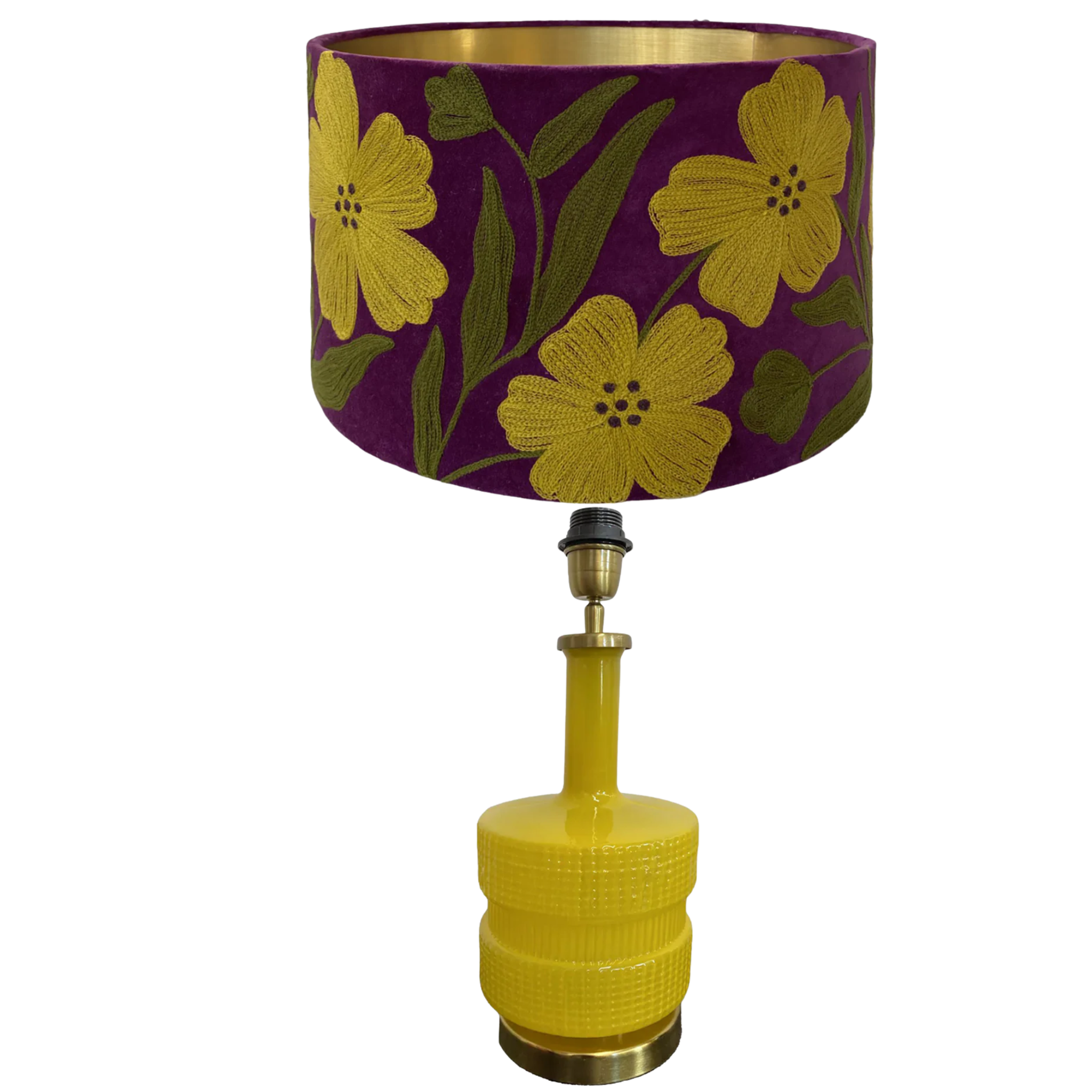 RETRO YELLOW GLASS LAMP BASE WITH VELVET SHADE