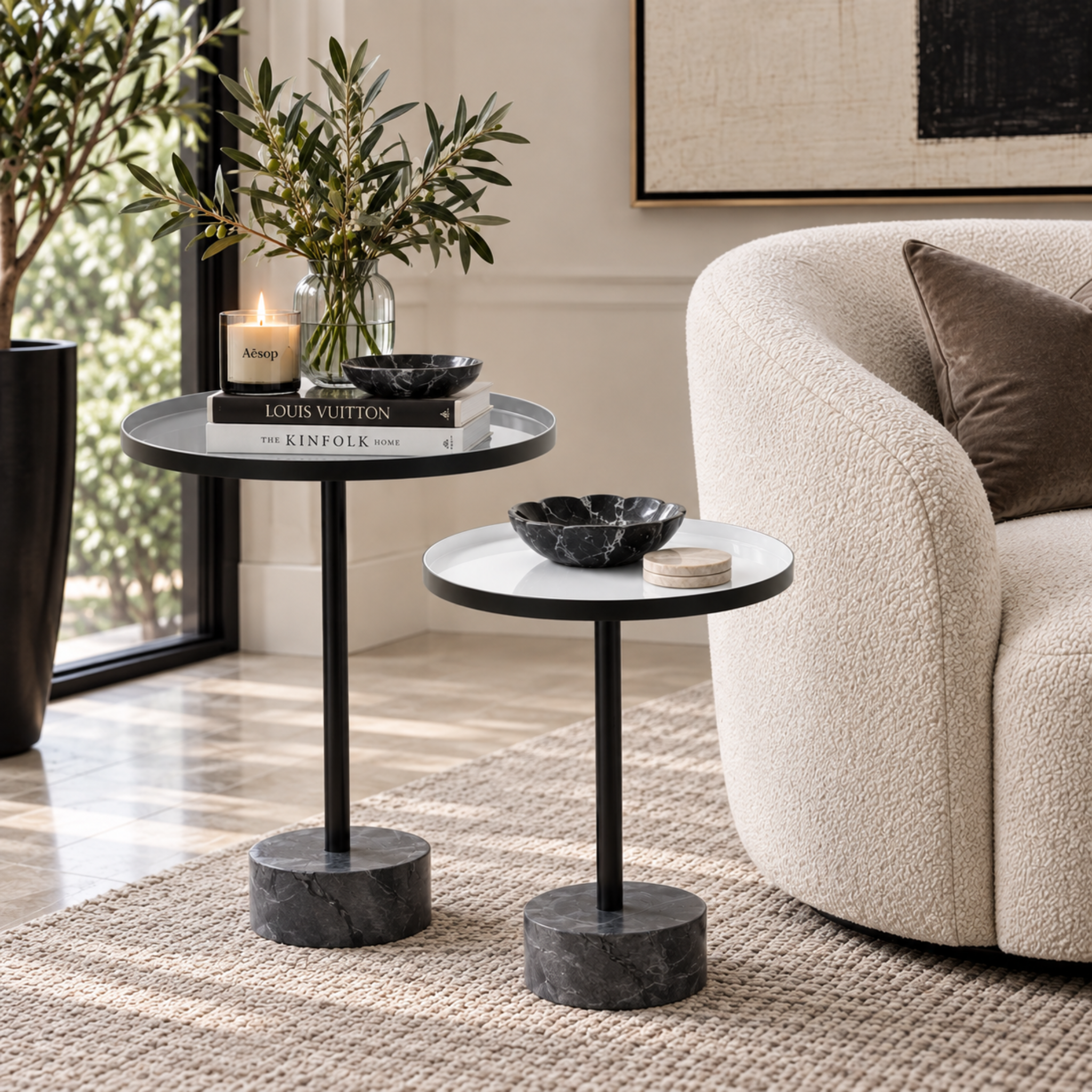 ENAMELED TABLE ON MARBLE BASE GREY WHITE - SET 2