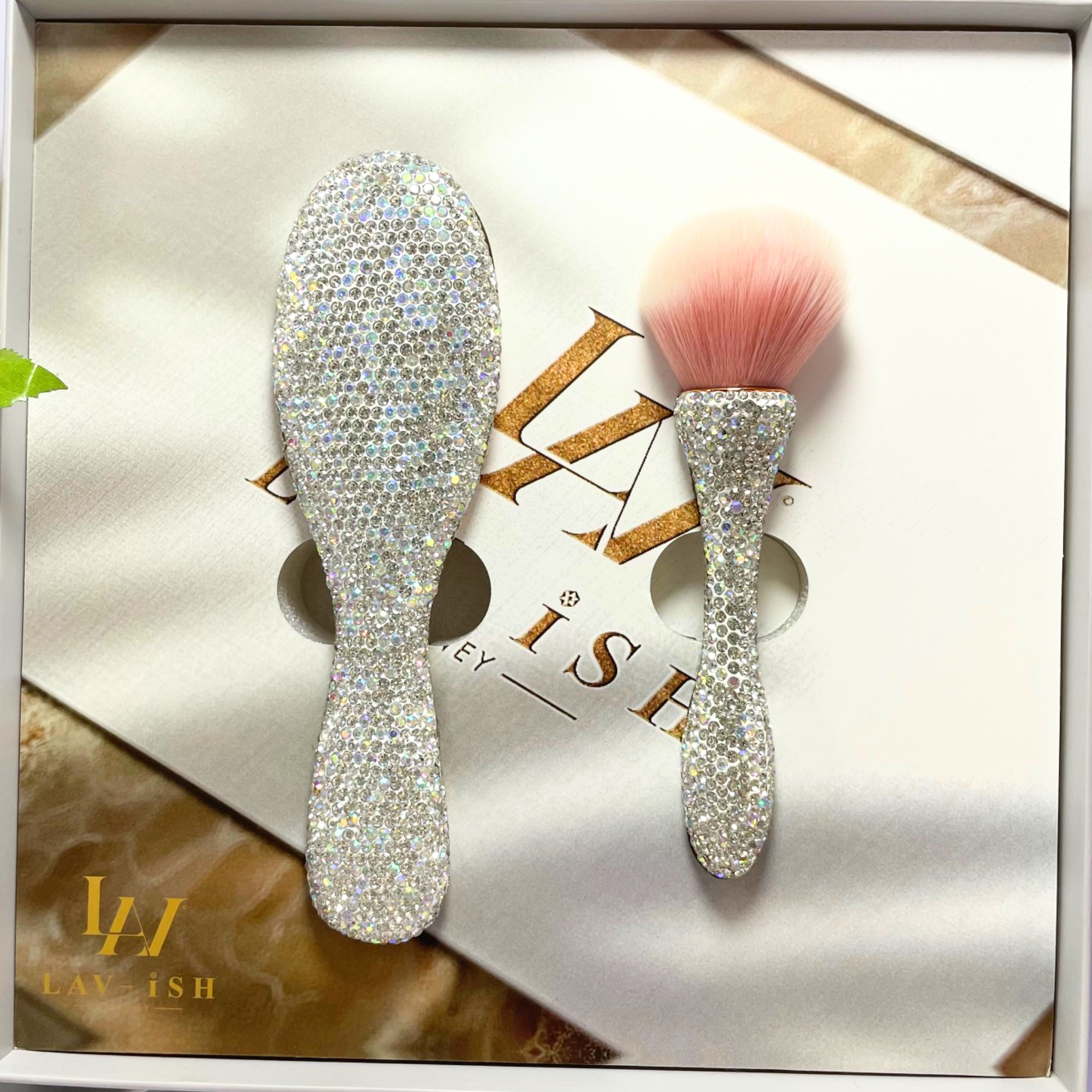 SILVER RHINESTONE MAKEUP BRUSH & TRAVEL HAIRBRUSH GIFT SET