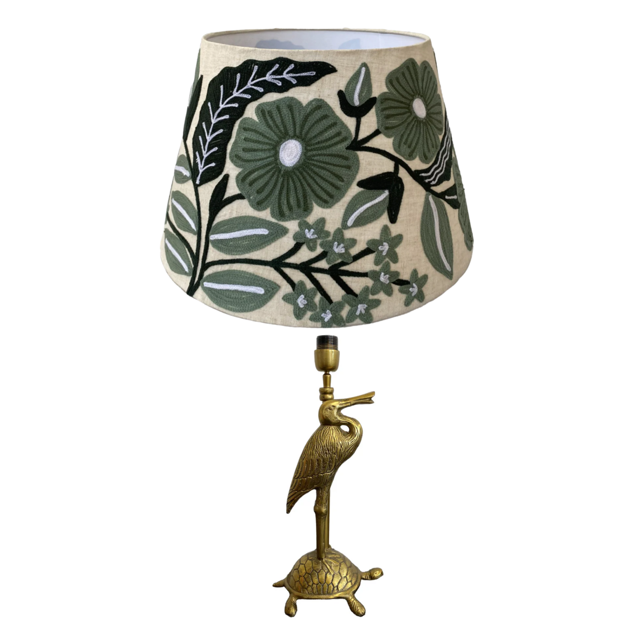 STORK & TORTOISE ANTIQUE GOLD TABLE LAMP WITH LINEN SHADE