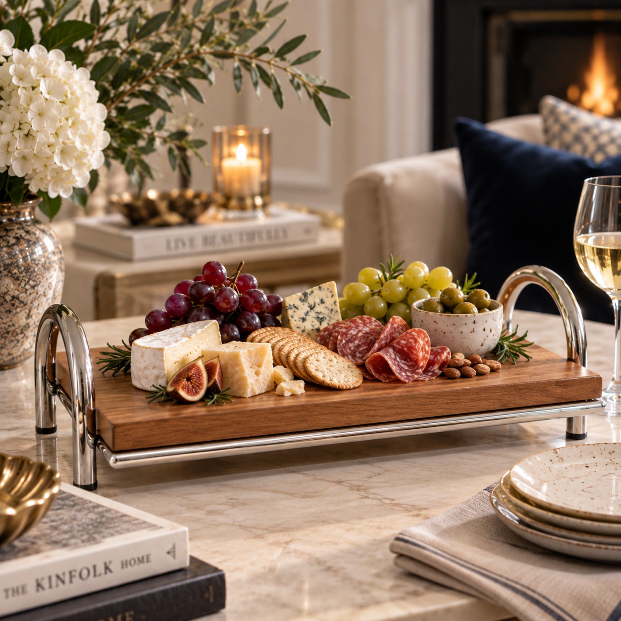 STAINLESS STEEL & WOOD SERVING TRAY - 35CM