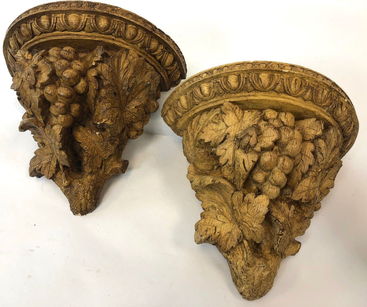 Vintage Italy Pair 9" Plaster Natural Grape Vine Bee Baroque Wall Sconce Shelves