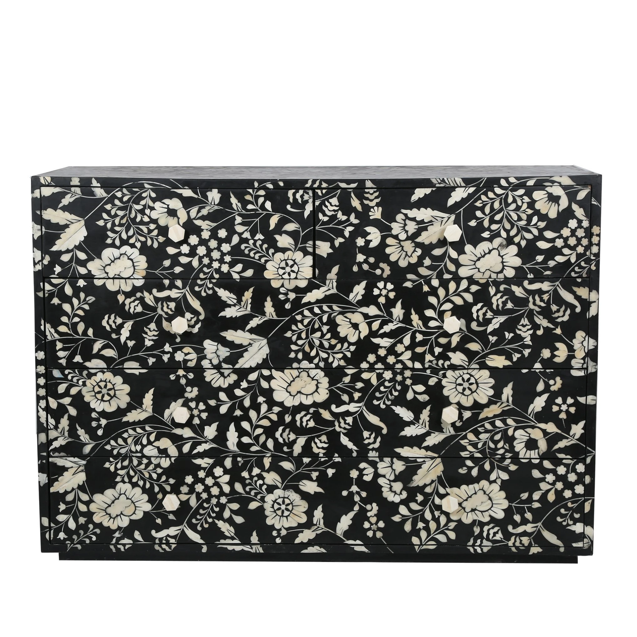 DESIGNER BONE INLAY 5 DRAWER CHEST - CHINZ BLACK