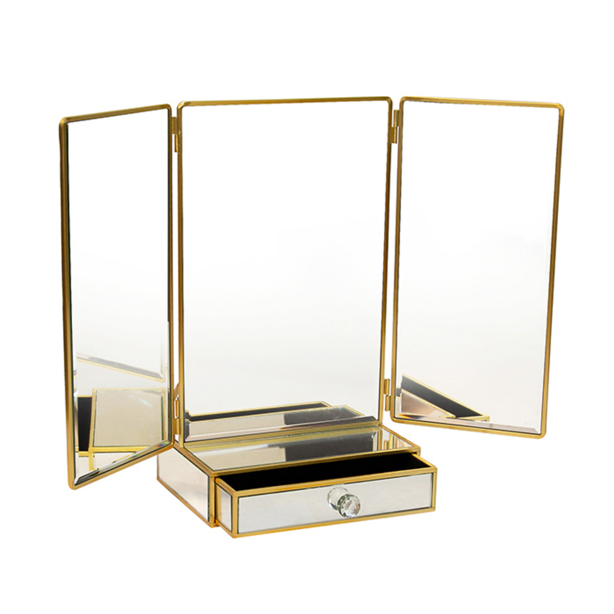 SAMMY TRIFOLD MIRROR WITH DRAWER - BRUSHED GOLD